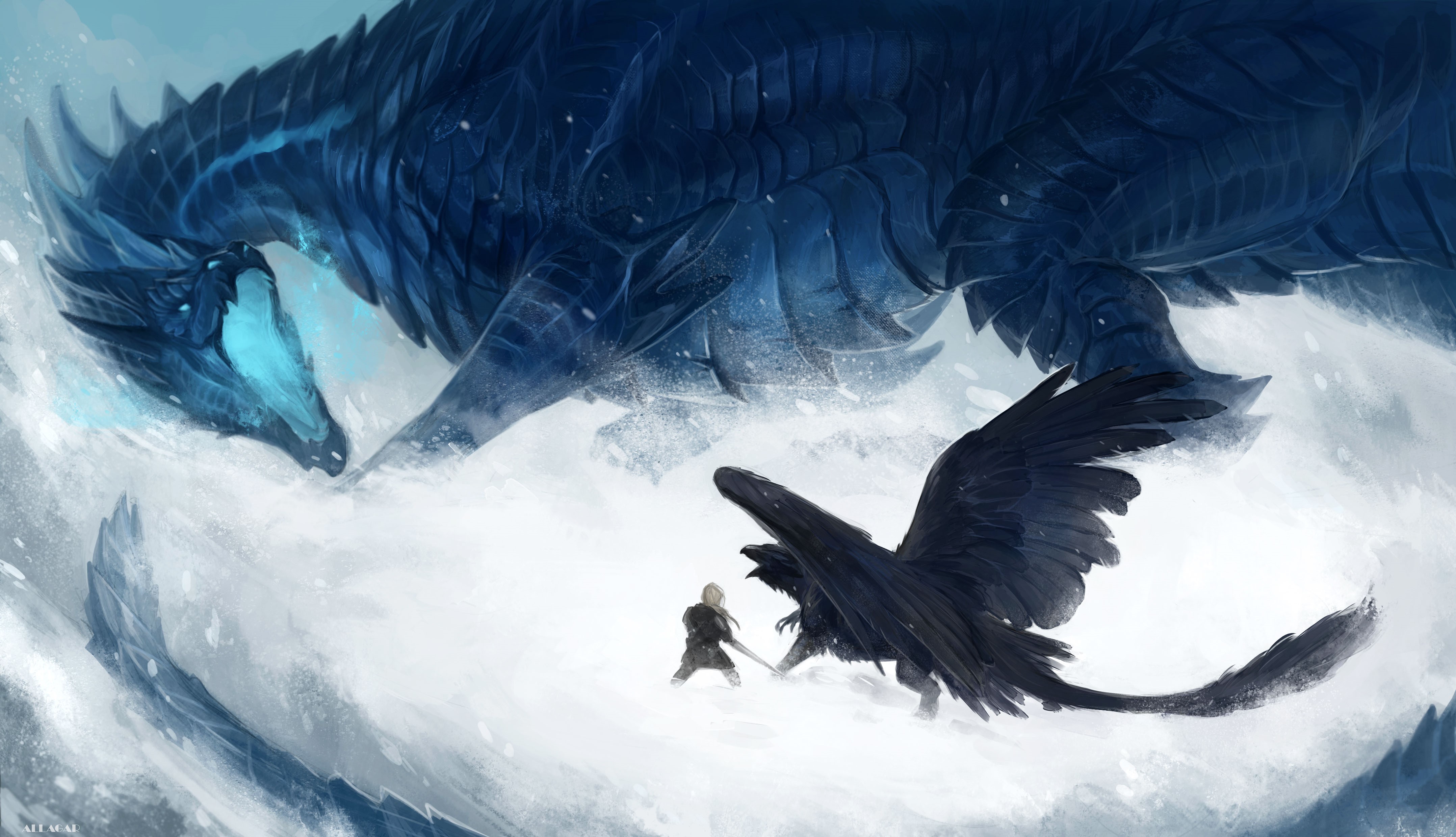 4K Fantasy Art of a Blue Dragon and a Black Winged Creature HD Wallpaper