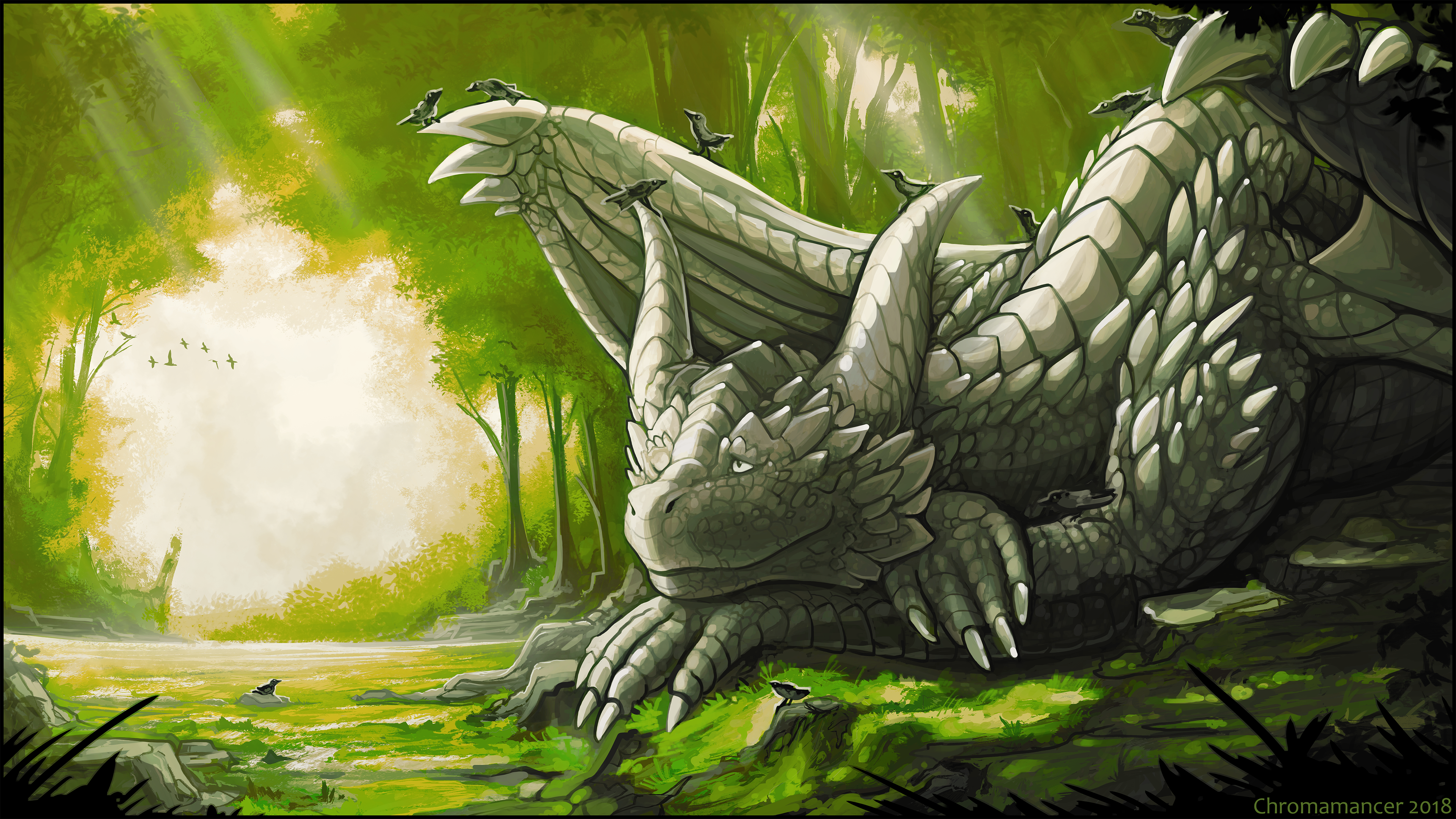 Stone Dragon in a Sunlit Forest HD Wallpaper