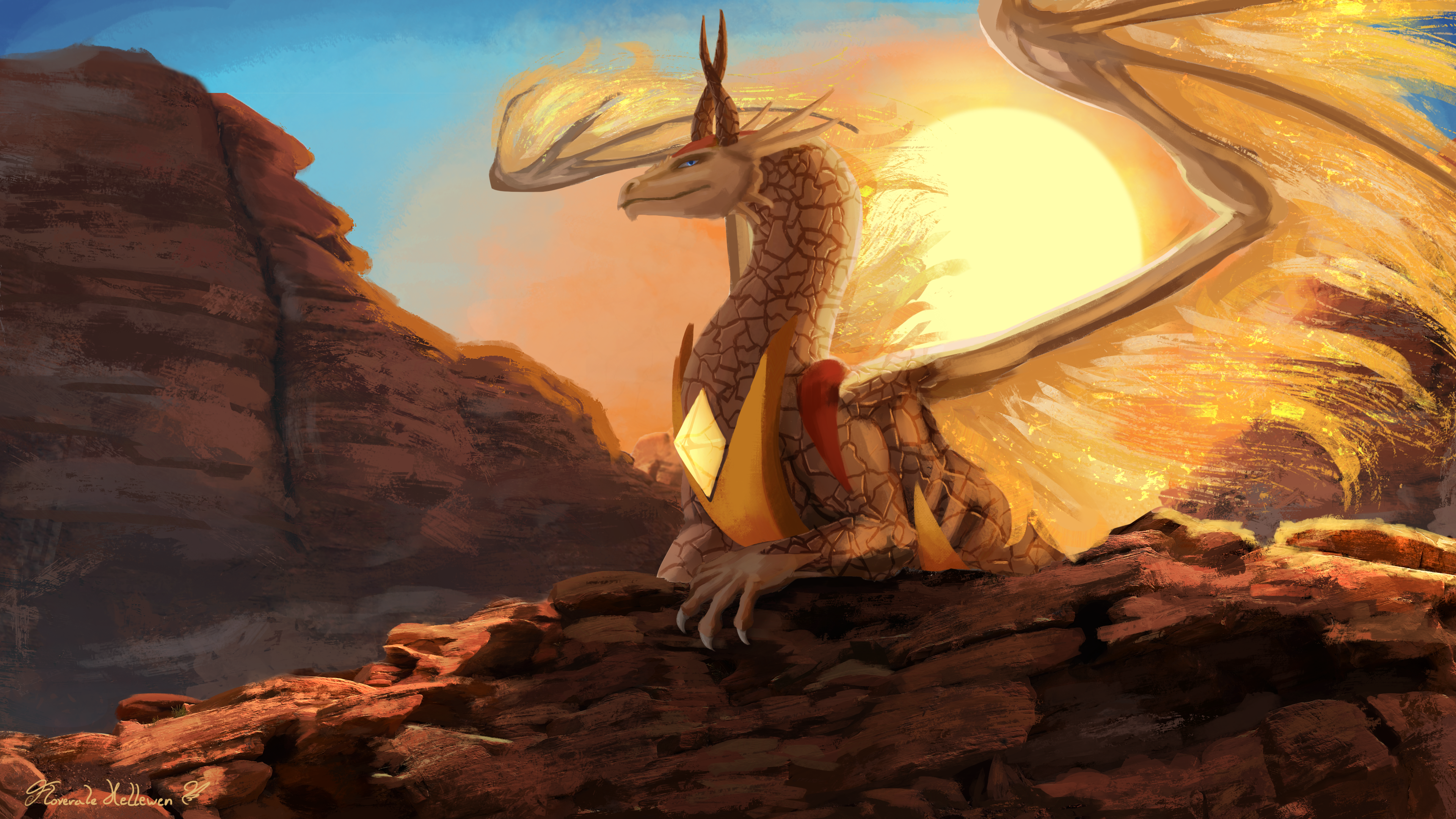 Dragon in a rocky desert at sunset HD Wallpaper