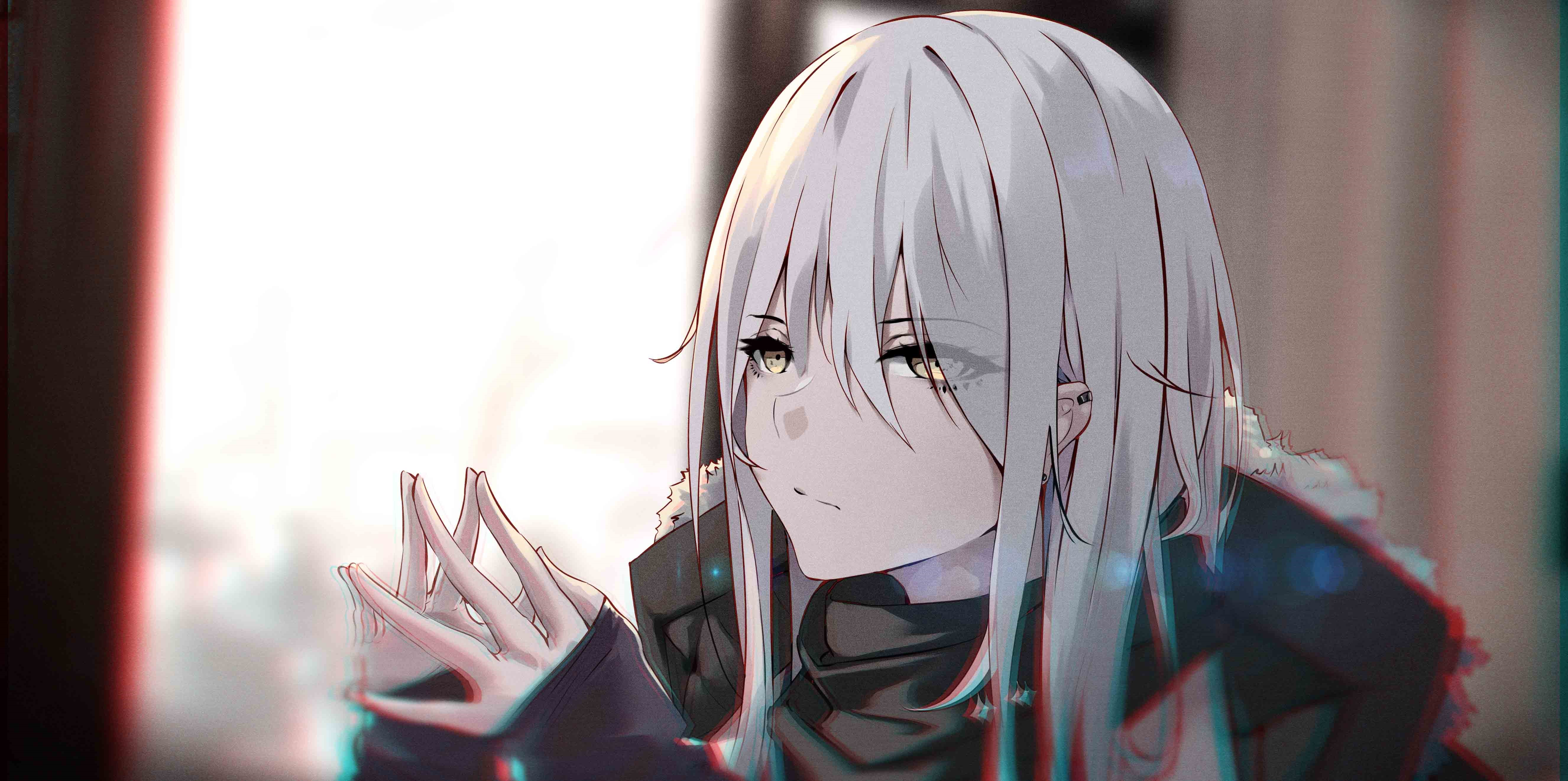 Anime girl with silver hair and yellow eyes HD Wallpaper