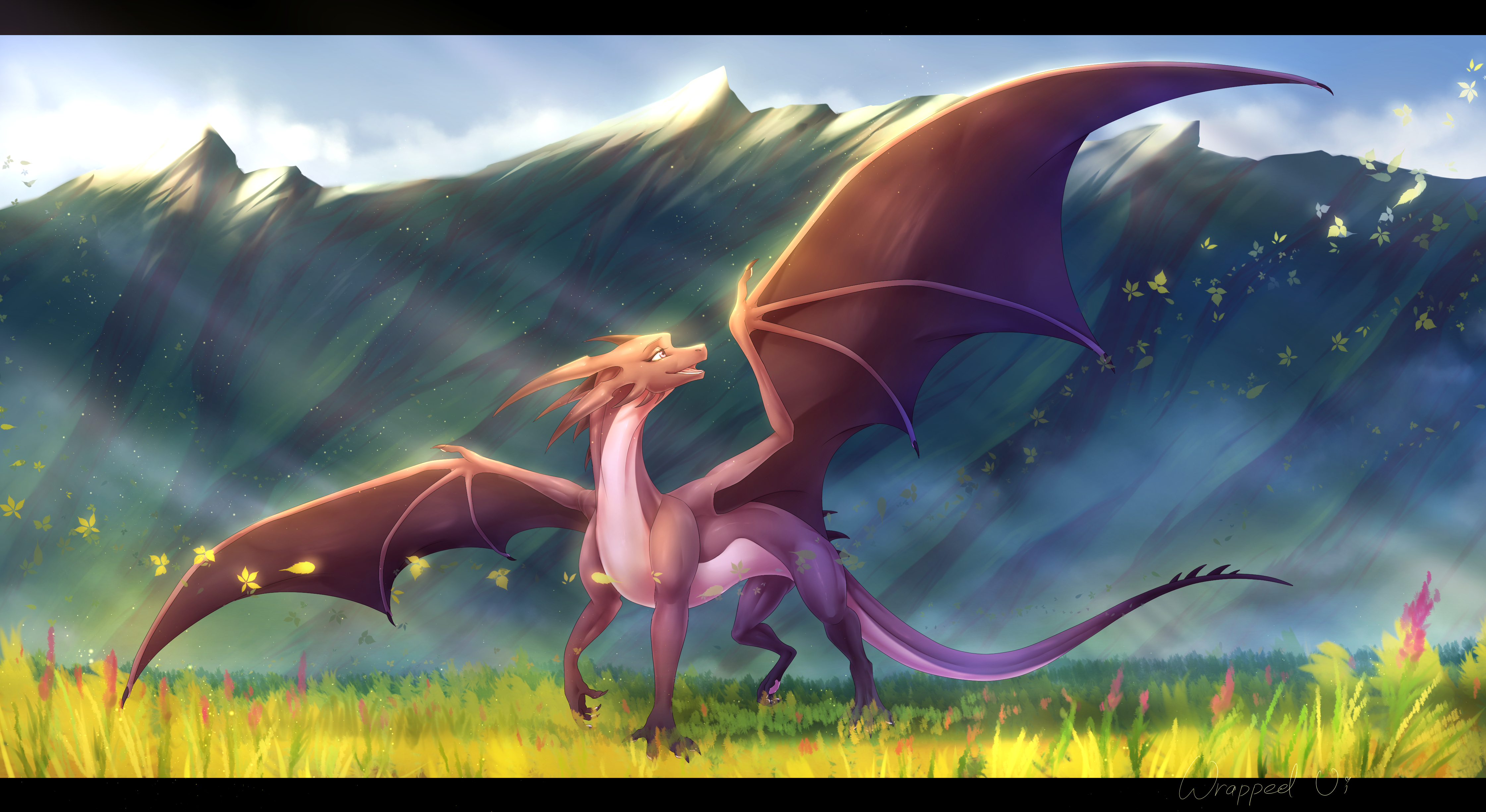 Dragon in a field with mountains HD Wallpaper