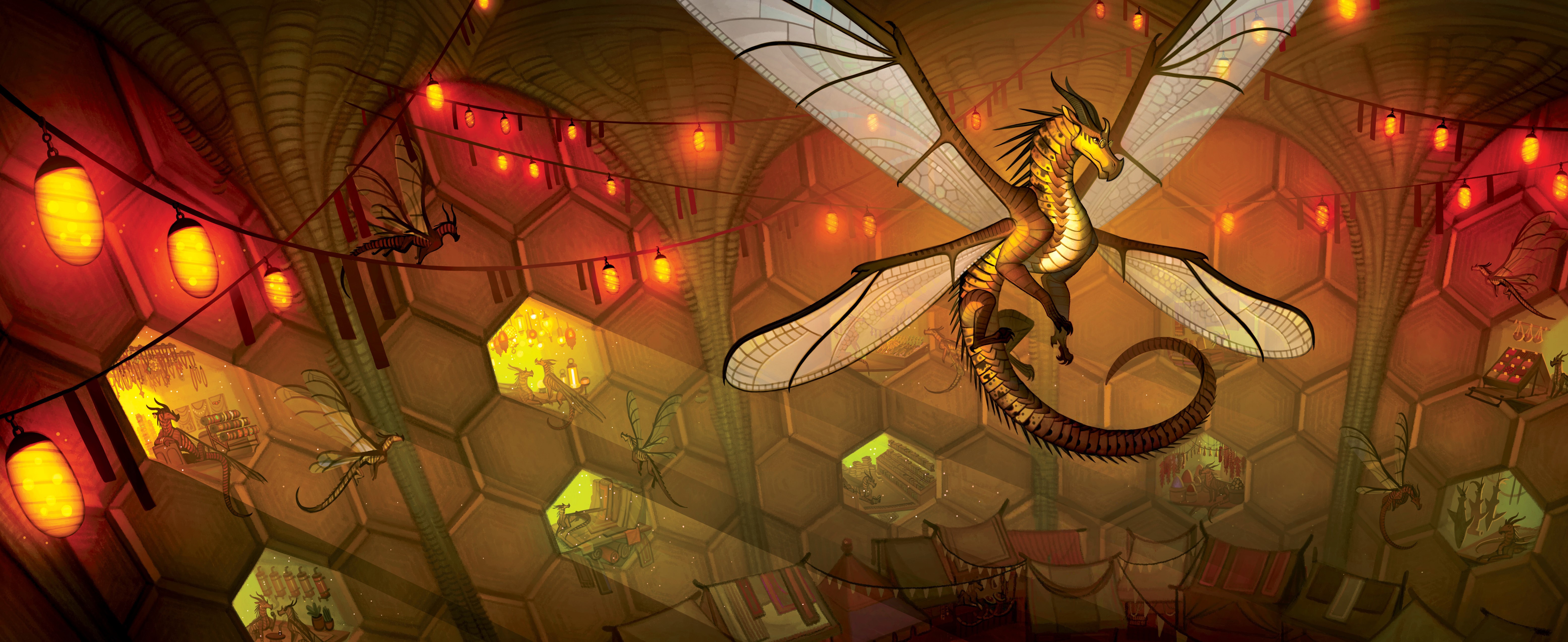 Dragon flying in a honeycomb-like structure with lanterns HD Wallpaper
