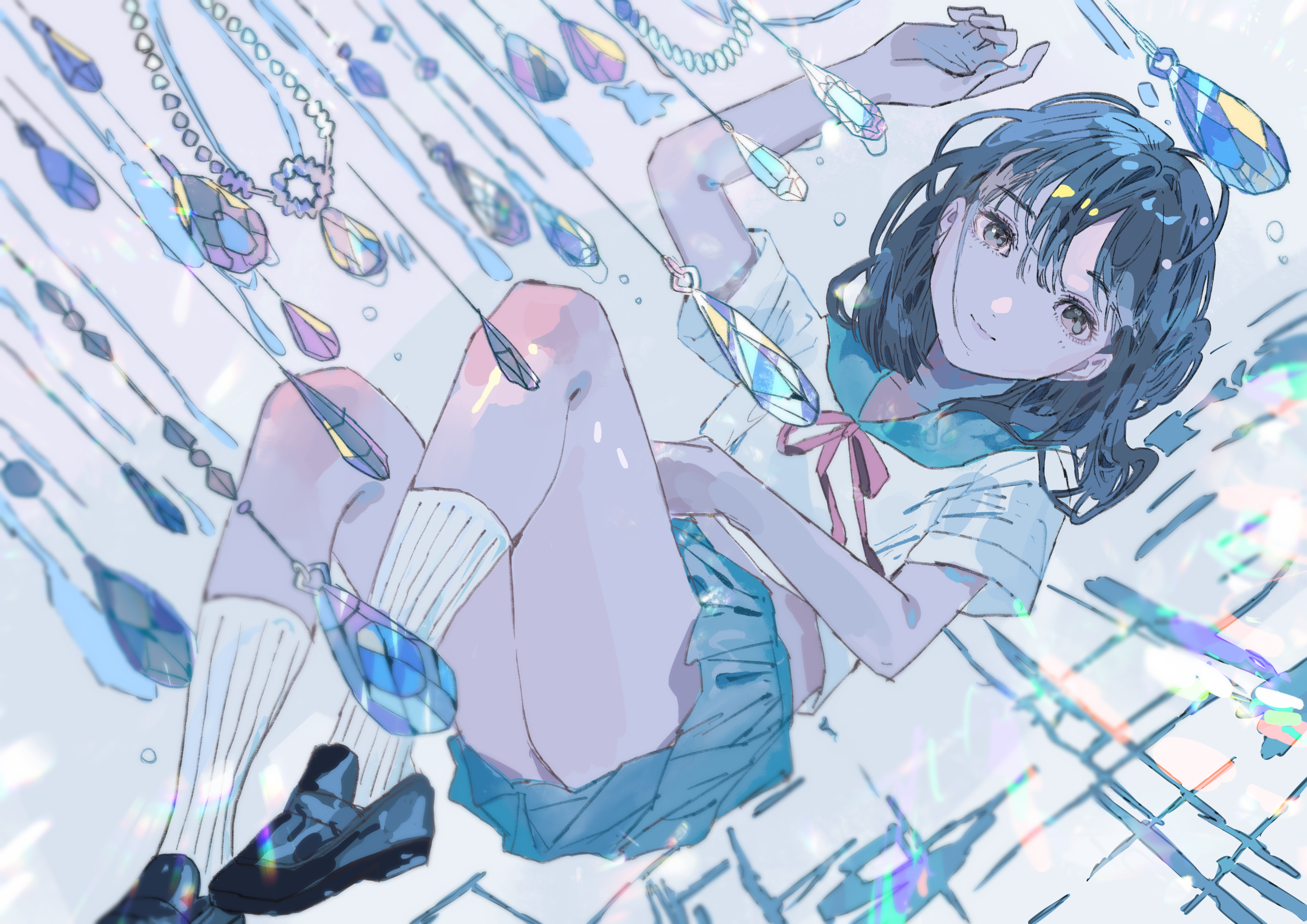 Anime girl in school uniform with falling crystals HD Wallpaper