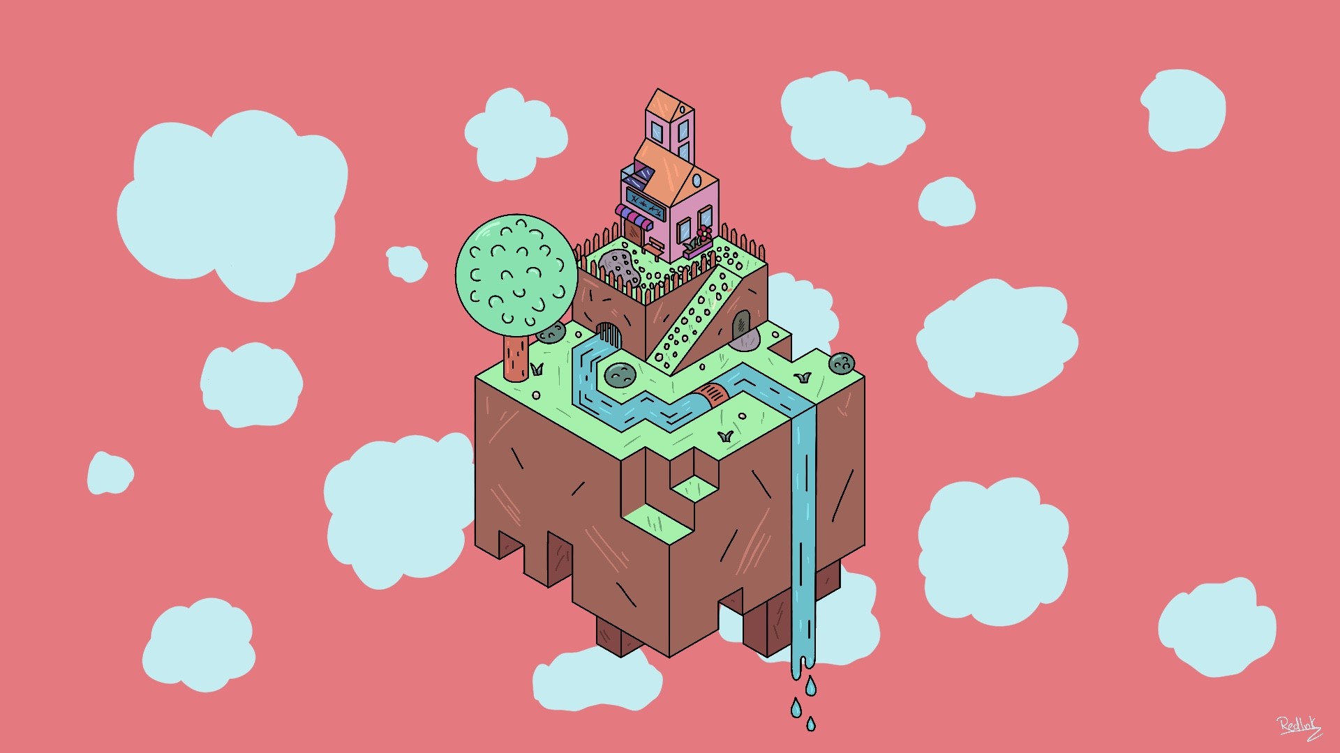 Floating island with houses, river, and clouds HD Wallpaper