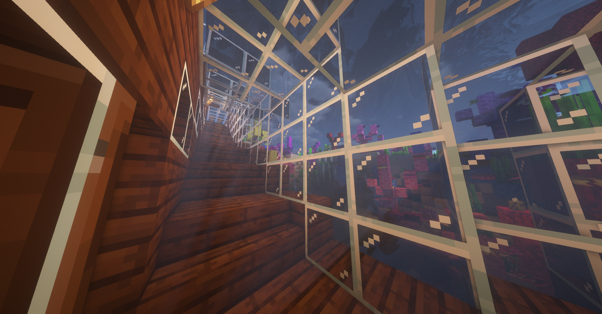 Minecraft underwater glass hallway with coral HD Wallpaper