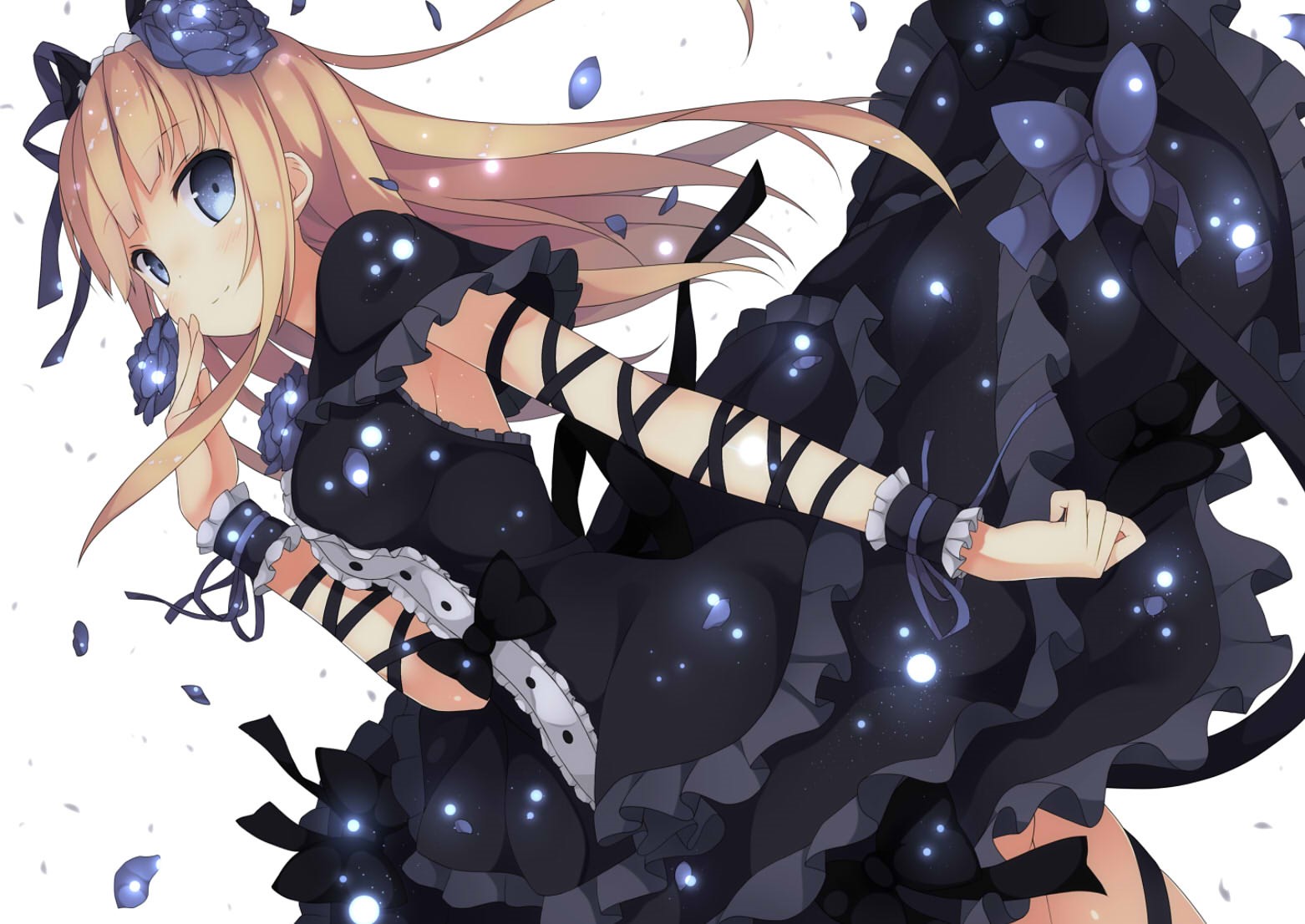 Anime girl with blonde hair and blue eyes in a black dress HD Wallpaper