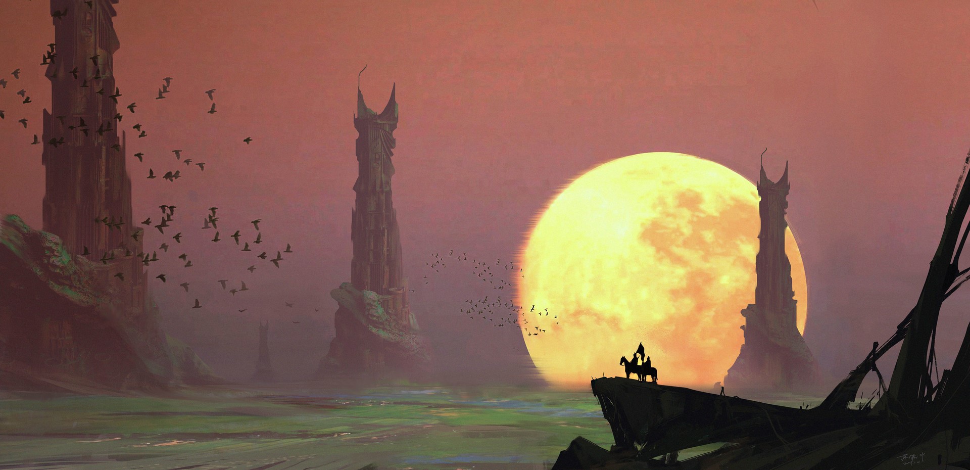 Digital painting of a desolate landscape with towers and a large sun HD Wallpaper