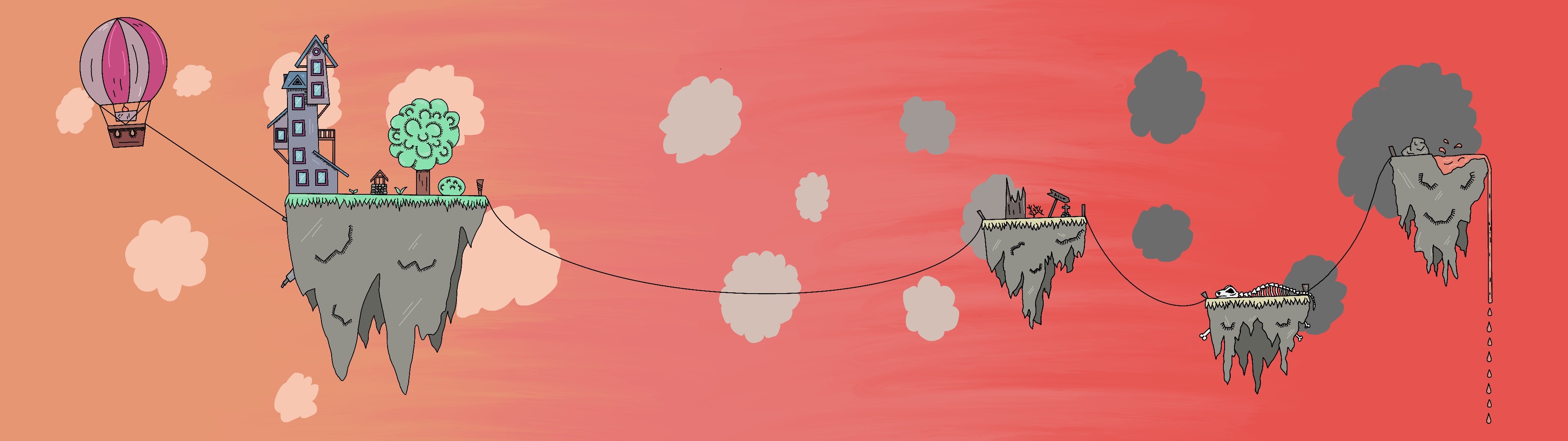 Floating islands with houses, hot air balloon, skeleton, and lava HD Wallpaper