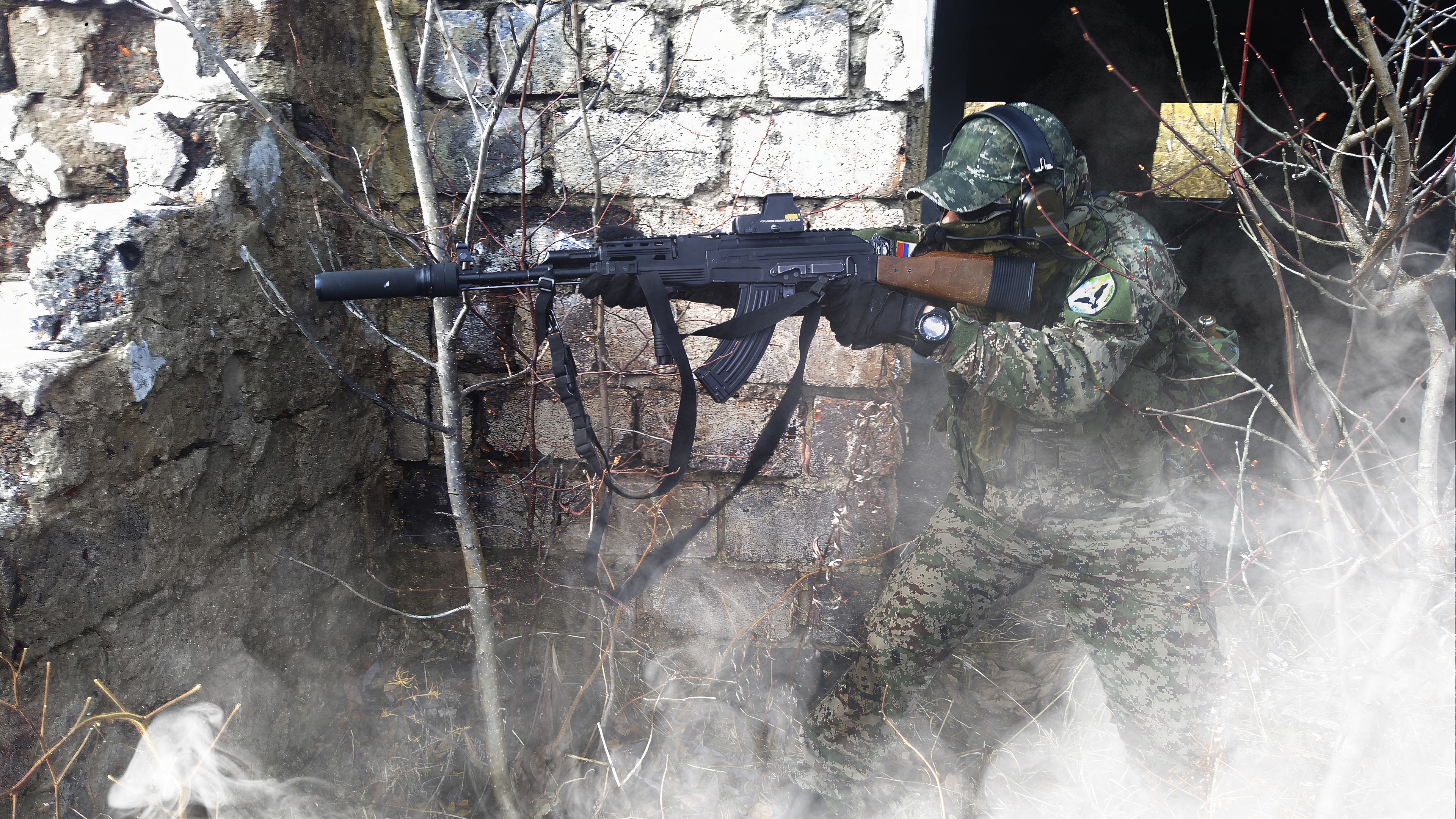 Soldier with AKM rifle in ruined building HD Wallpaper