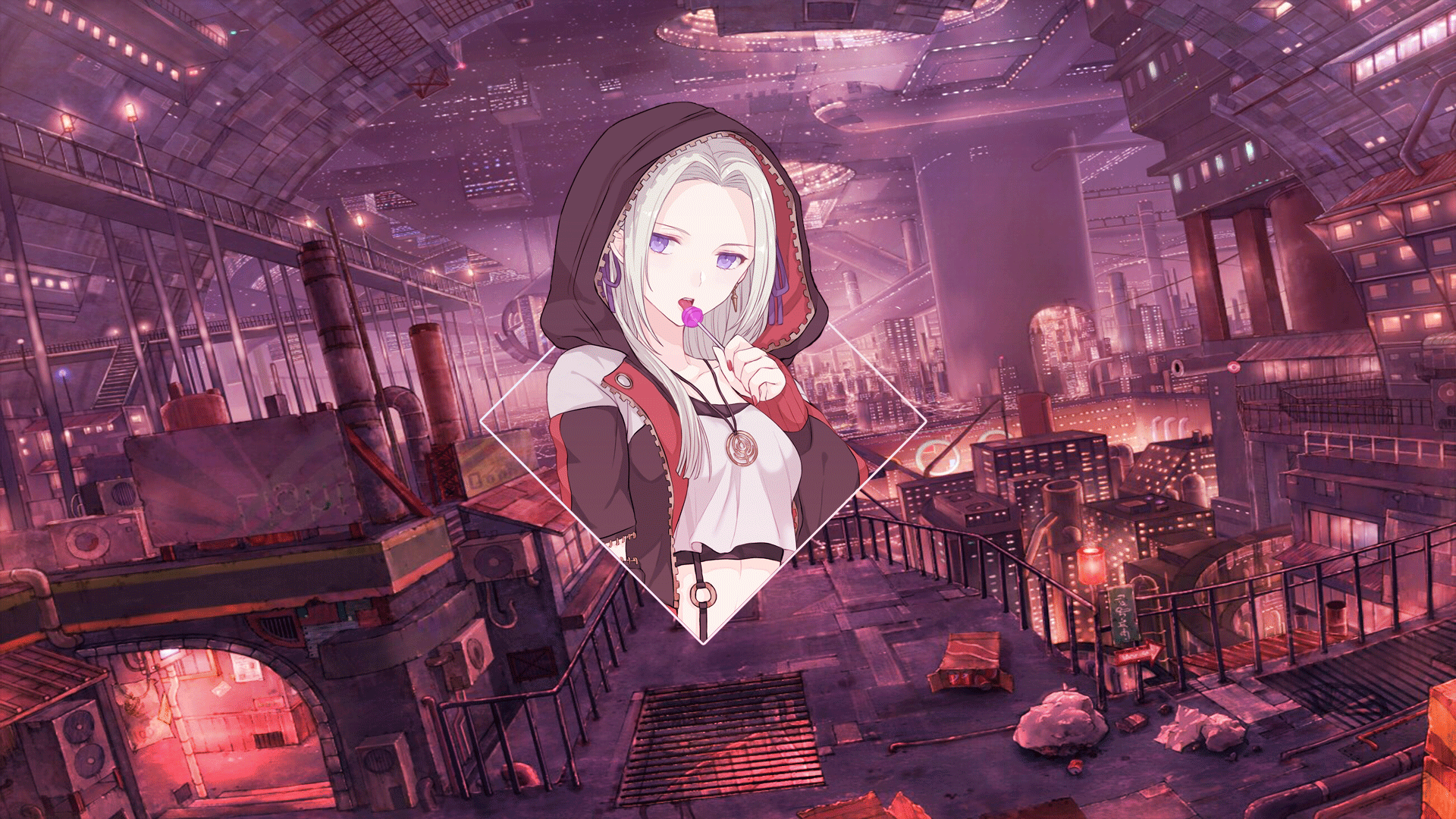 Anime girl with lollipop in futuristic city HD Wallpaper