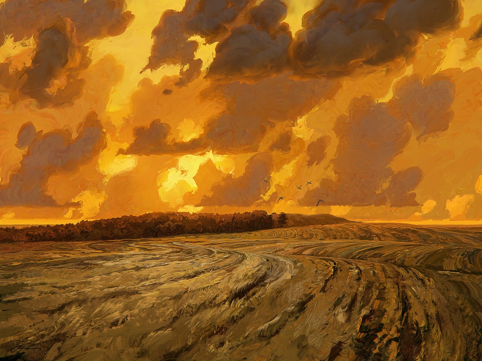 Artwork of a field under a dramatic sky HD Wallpaper