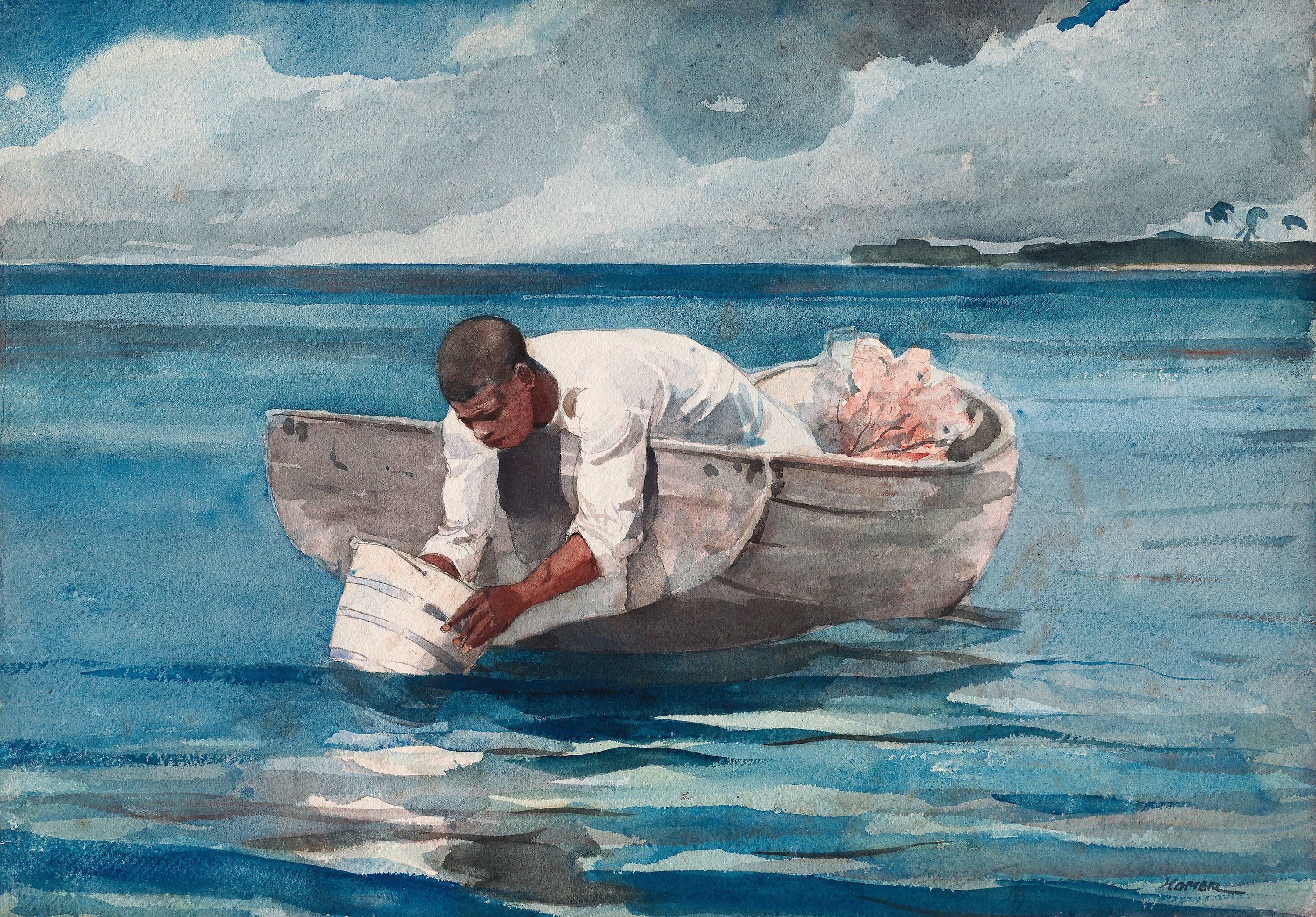 Man in a boat collecting coral HD Wallpaper