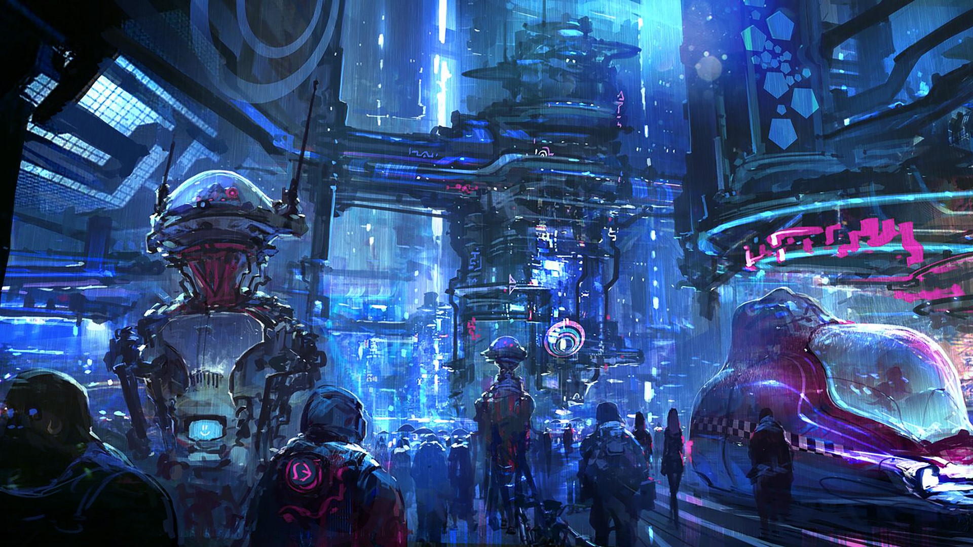 Futuristic city street with robots and people HD Wallpaper