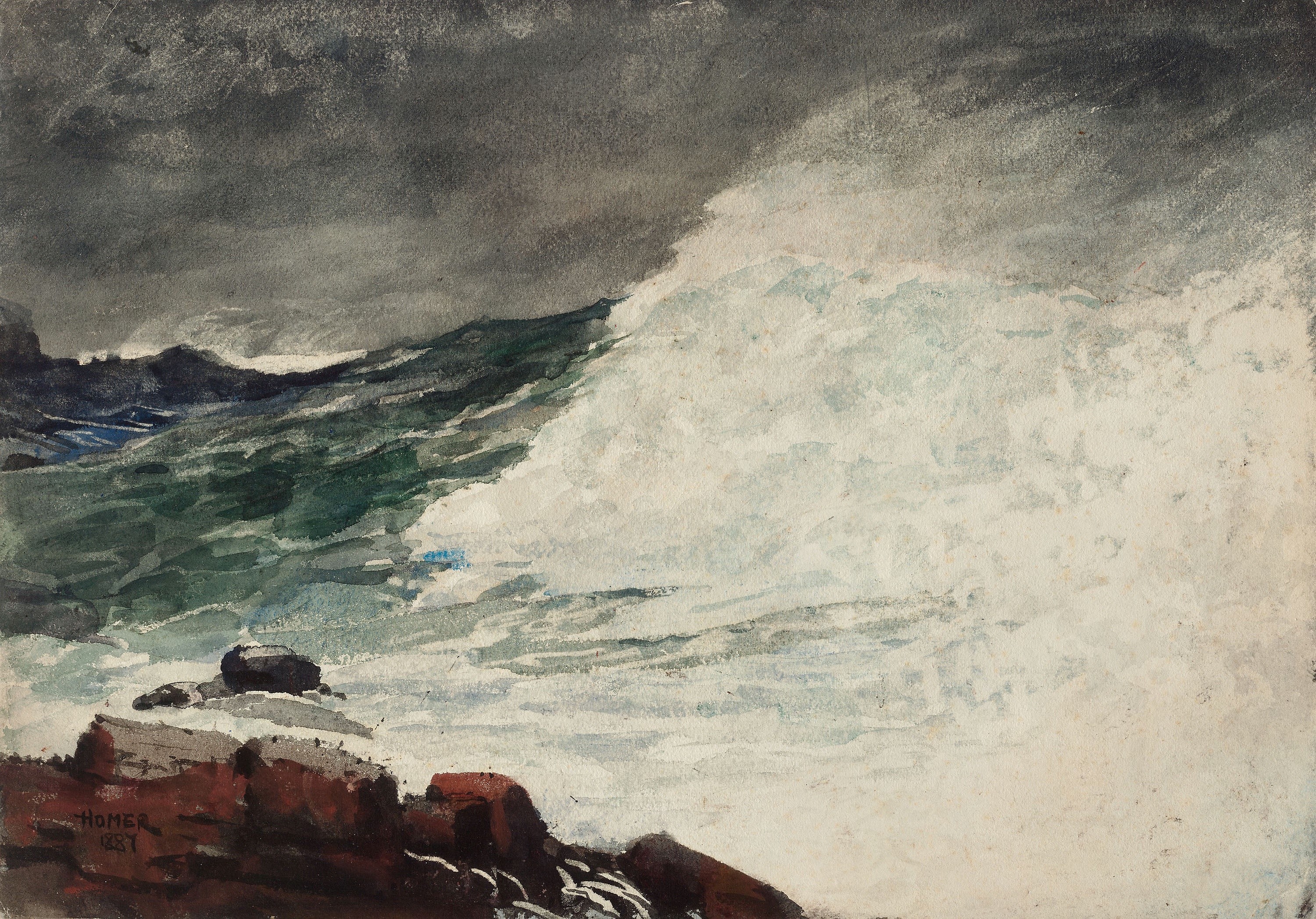 Stormy Sea with Waves Crashing on Rocks by Winslow Homer HD Wallpaper