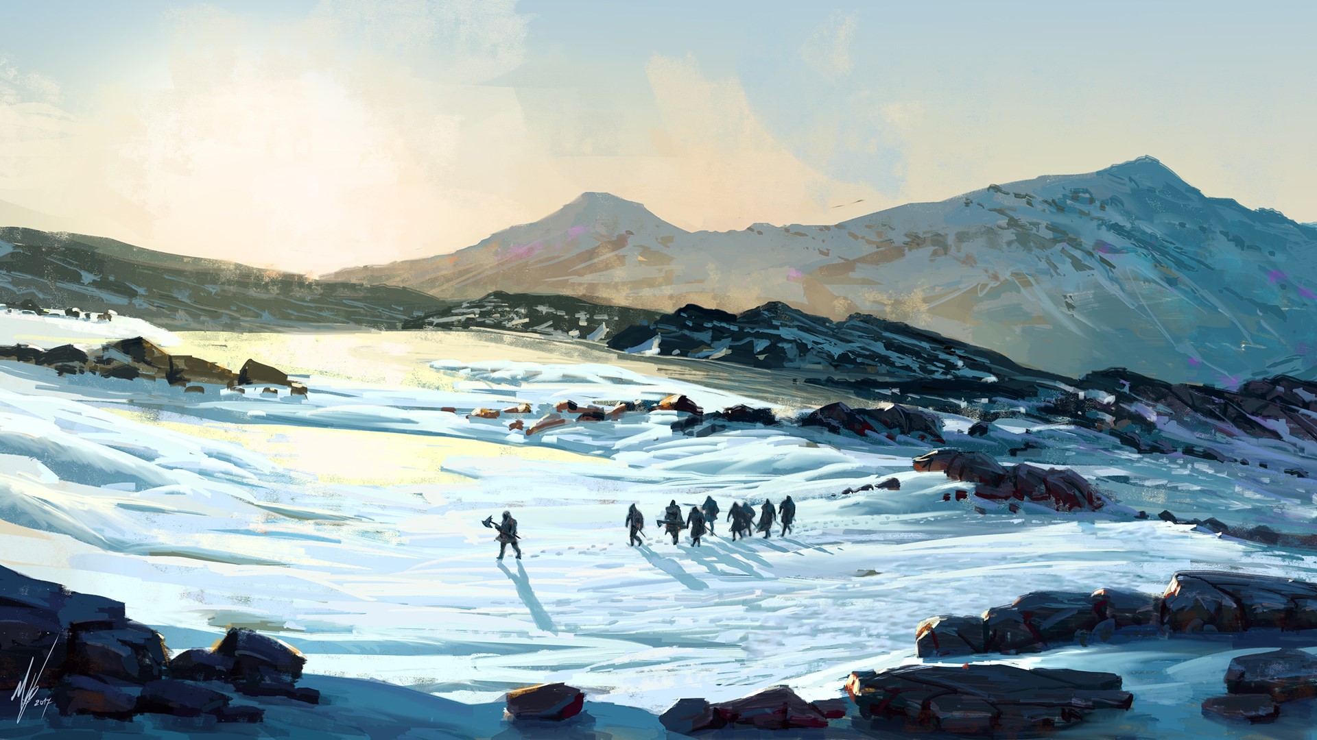 Group of people walking through a snowy mountain landscape HD Wallpaper