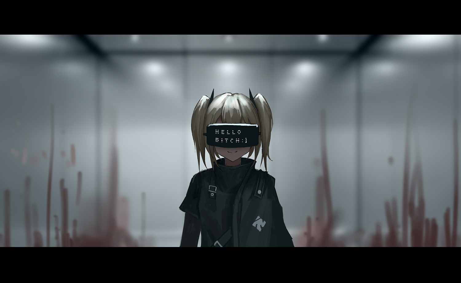 Anime girl with VR headset in bloody elevator HD Wallpaper