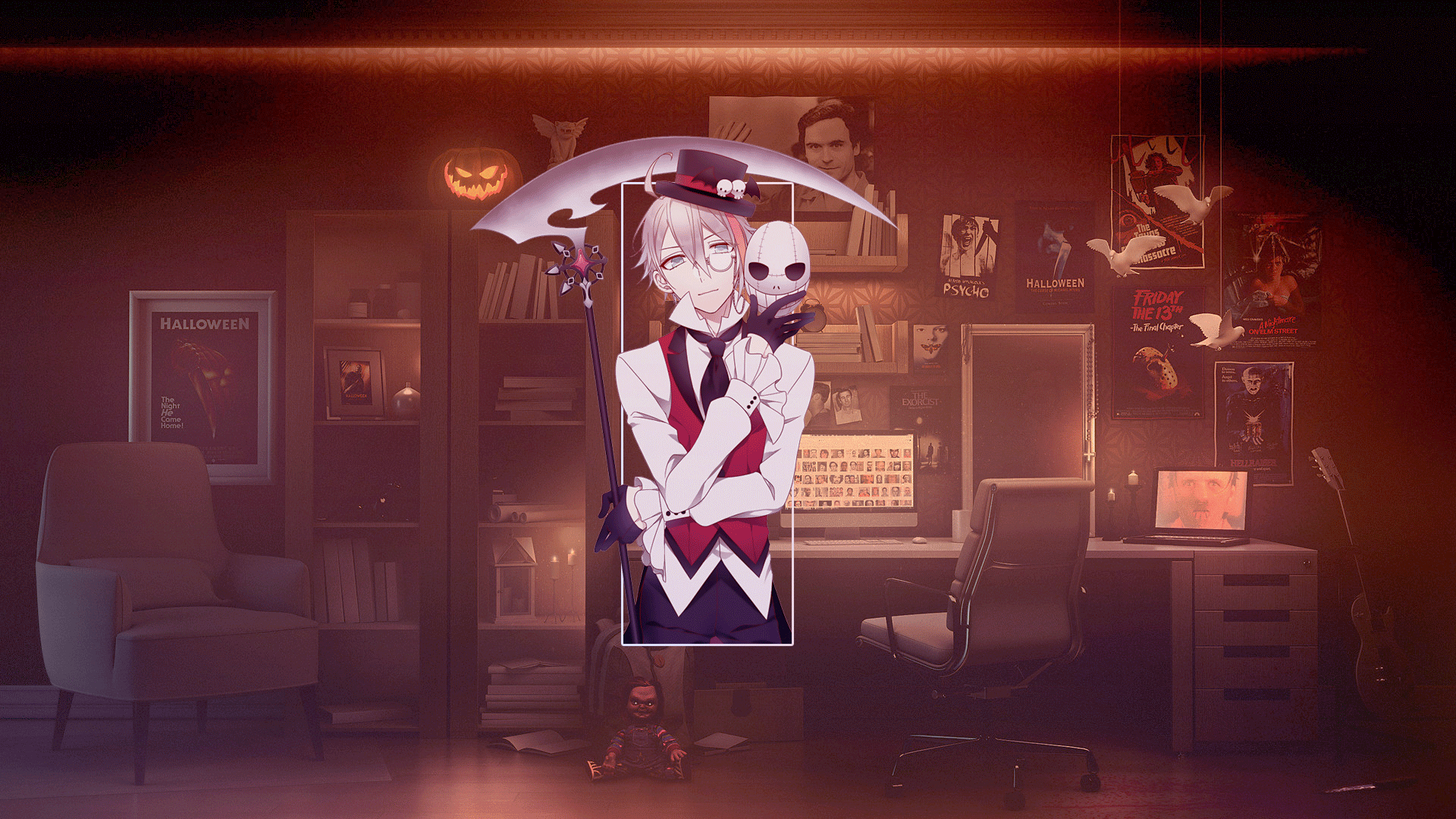 Anime boy with scythe and skull in Halloween-themed room HD Wallpaper