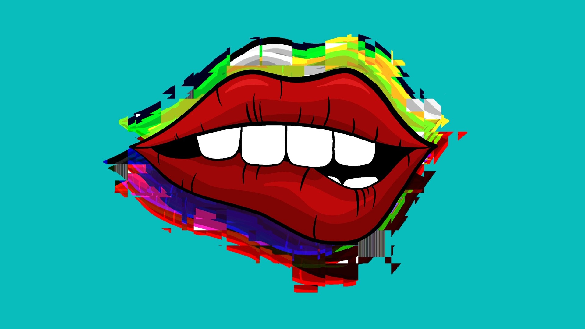 Red lips with glitch art effect on teal background HD Wallpaper