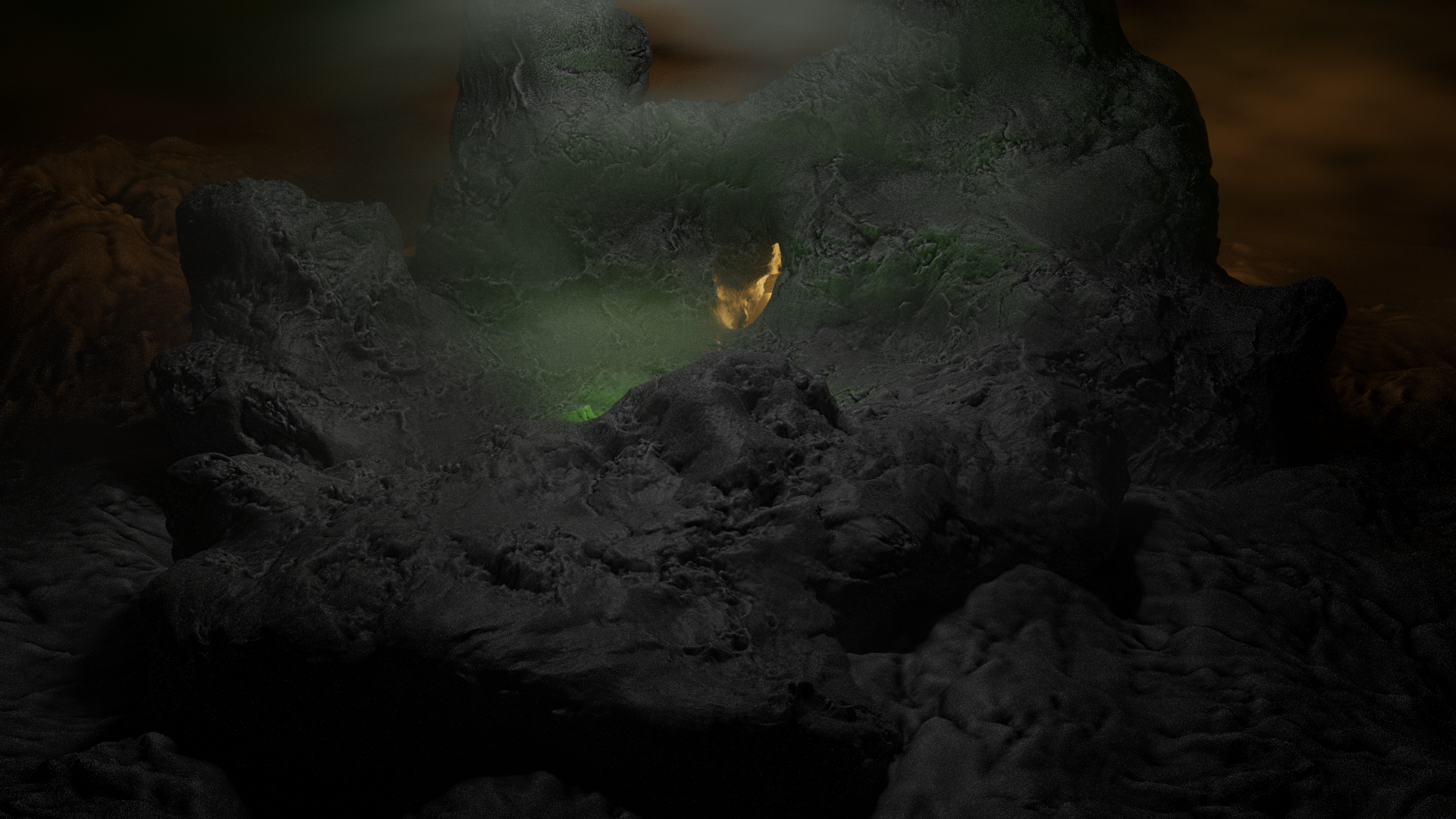 Dark cave with glowing opening and rocky formations HD Wallpaper