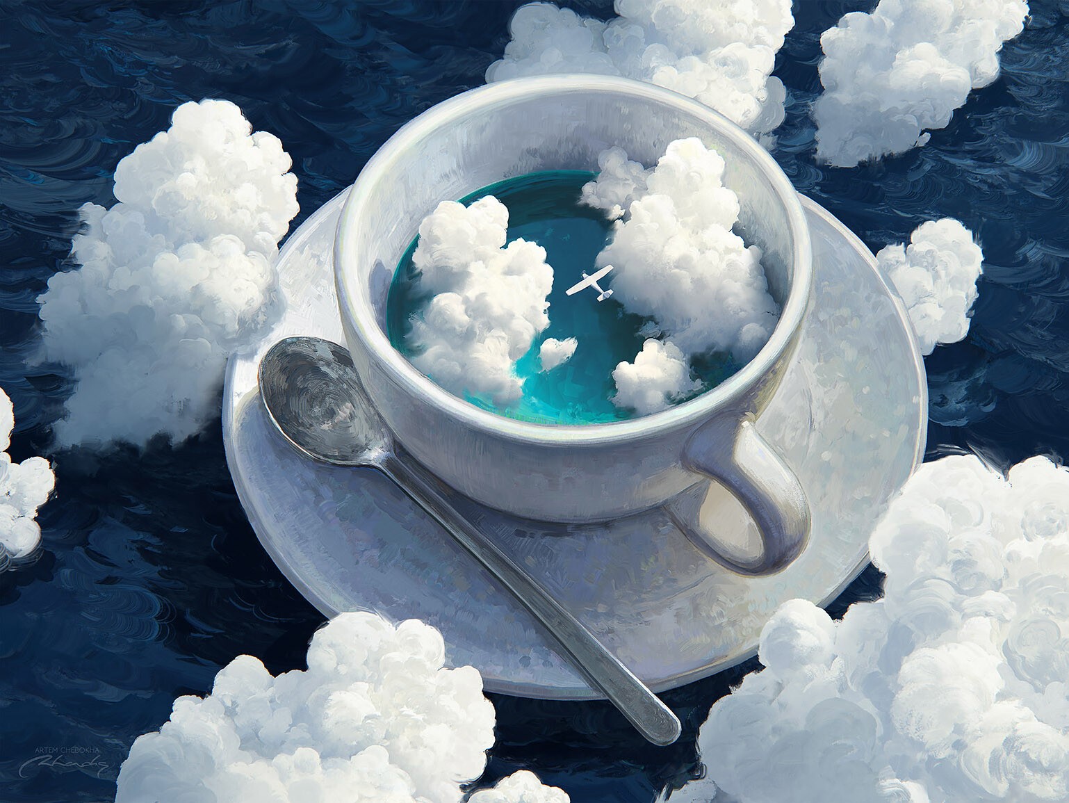 Surreal artwork of a teacup with clouds and an airplane HD Wallpaper