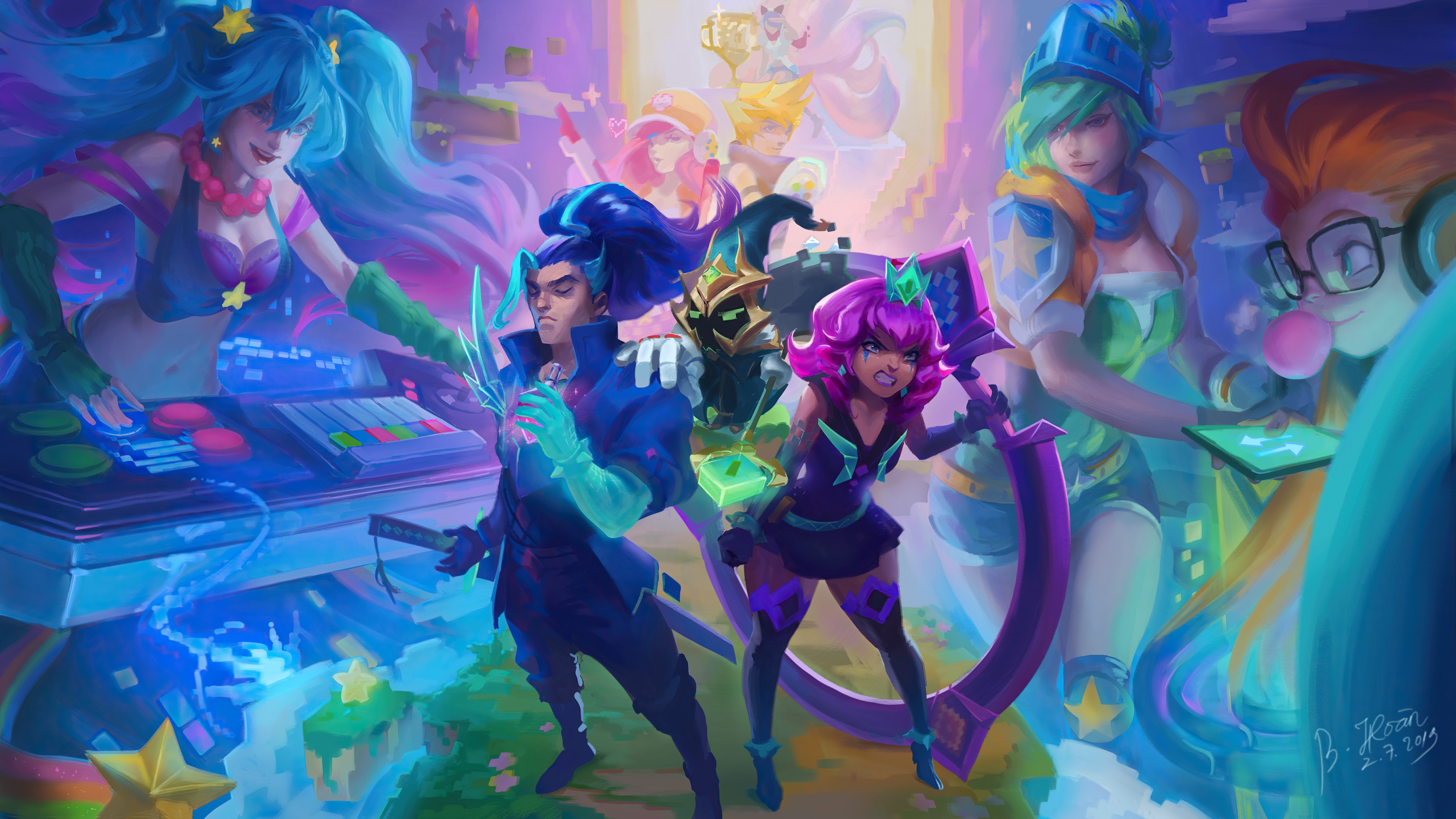 League of Legends characters in a vibrant, digital world HD Wallpaper