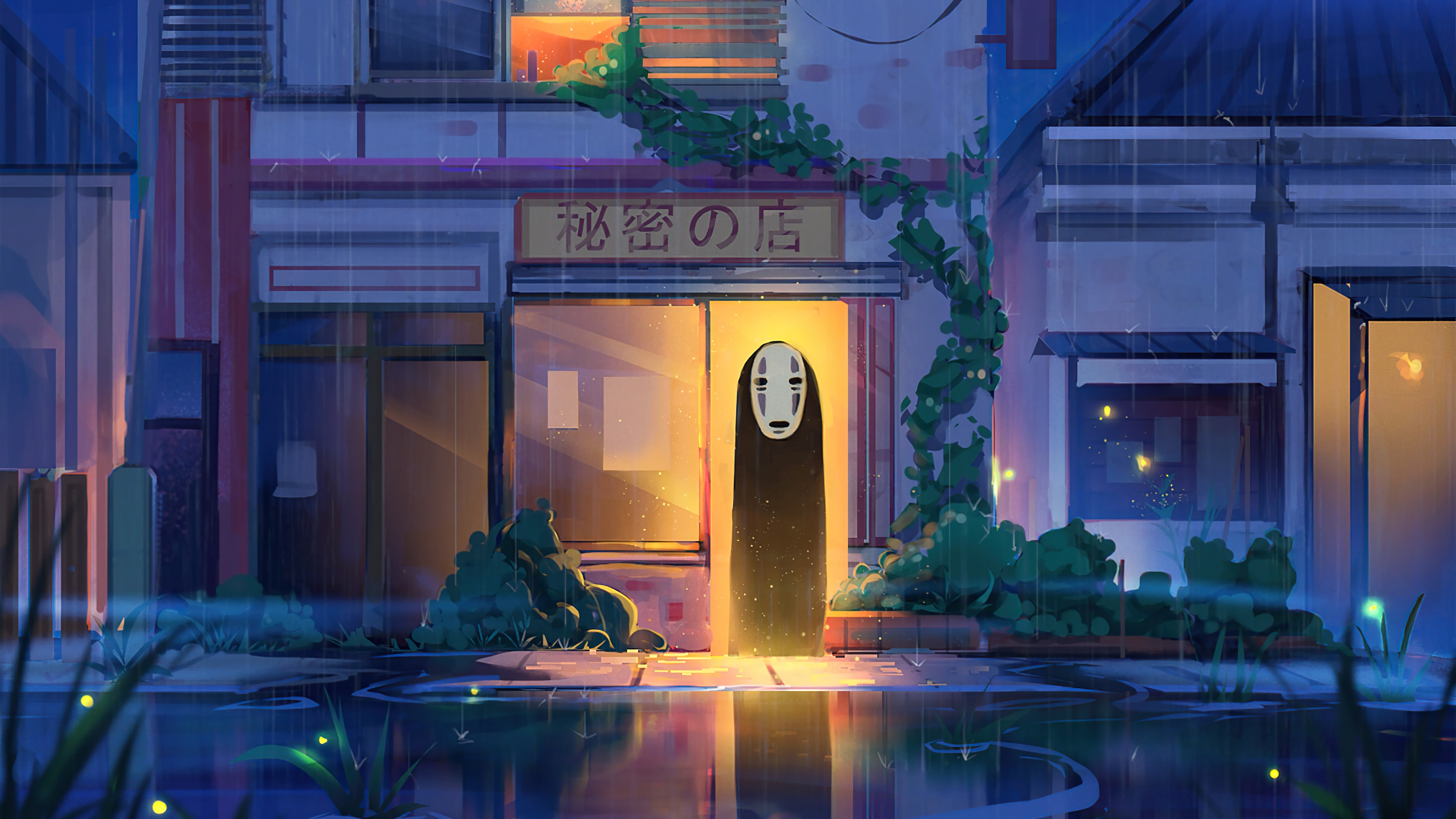 Kaonashi from Spirited Away in the rain at night HD Wallpaper