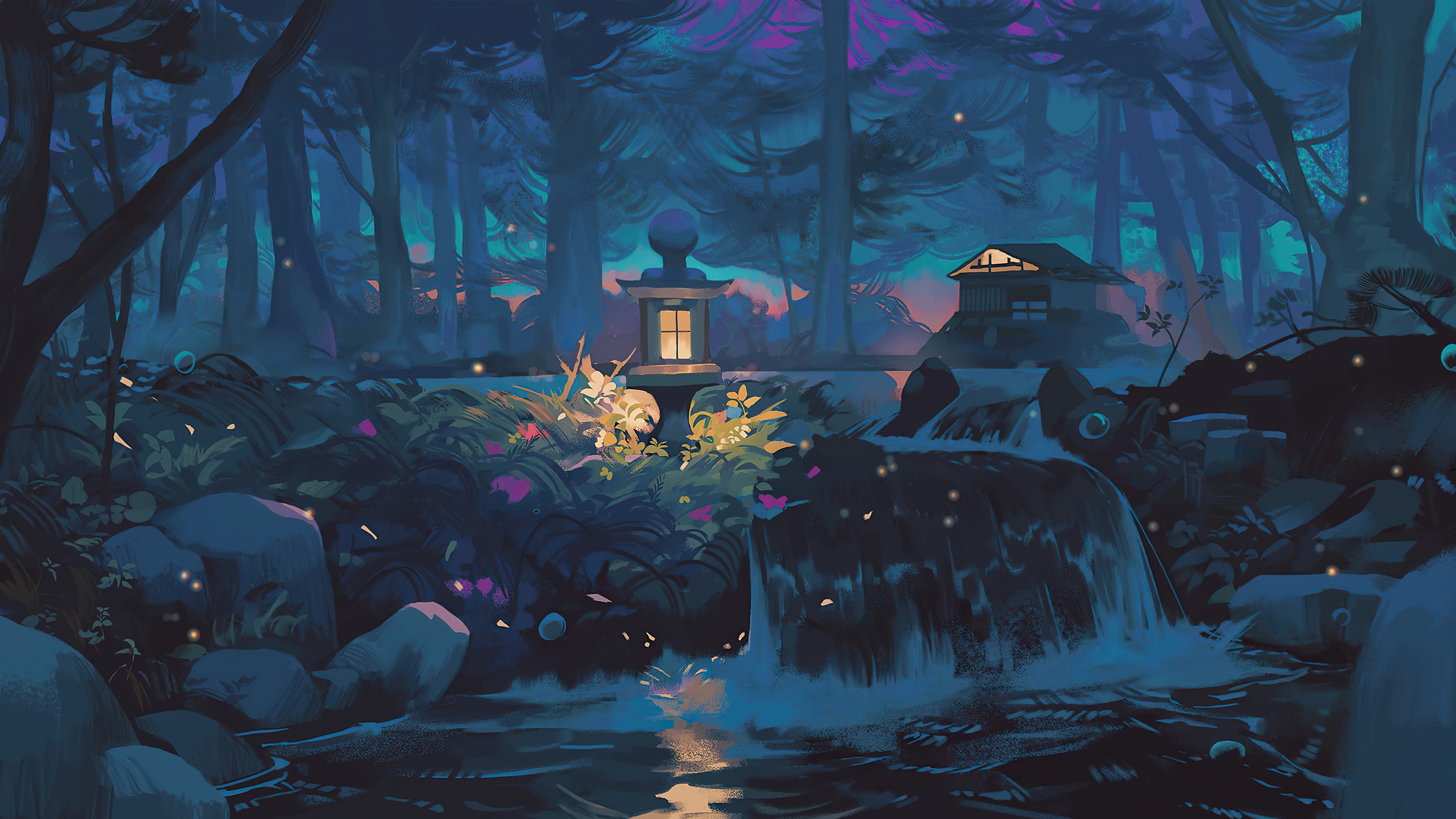 4K night artwork of a forest with a stream and a house HD Wallpaper