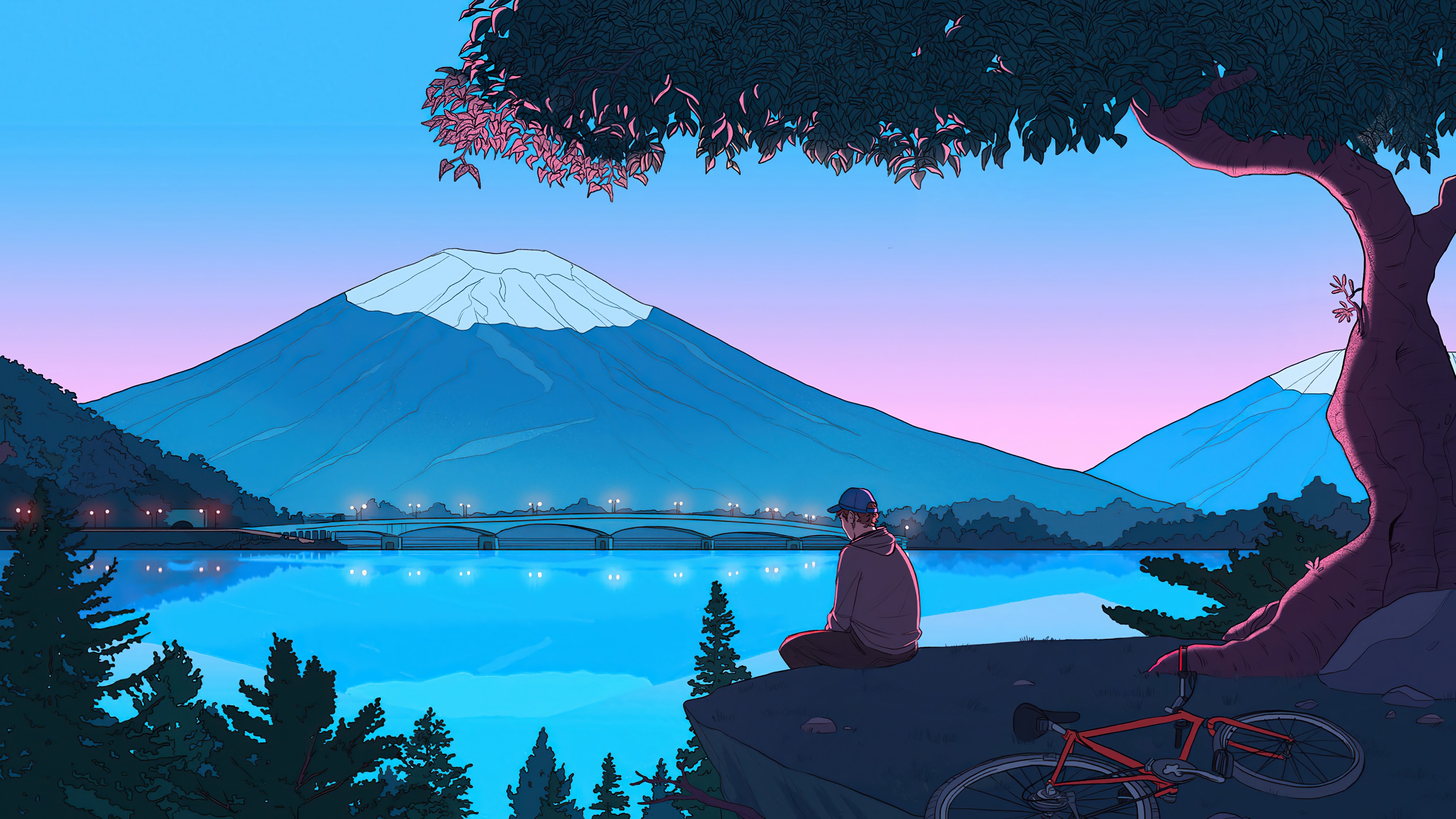 Person by lake with mountains and bridge HD Wallpaper