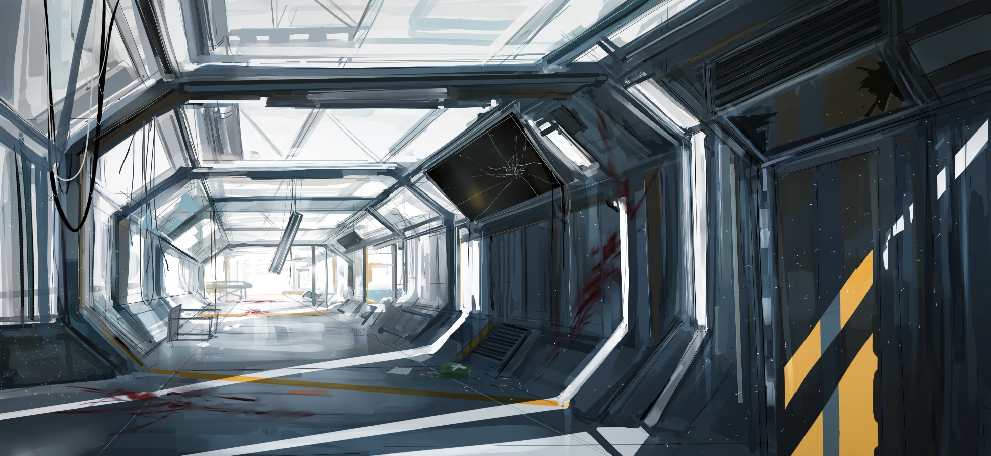 Apocalyptic sci-fi hallway with bloodstains HD Wallpaper