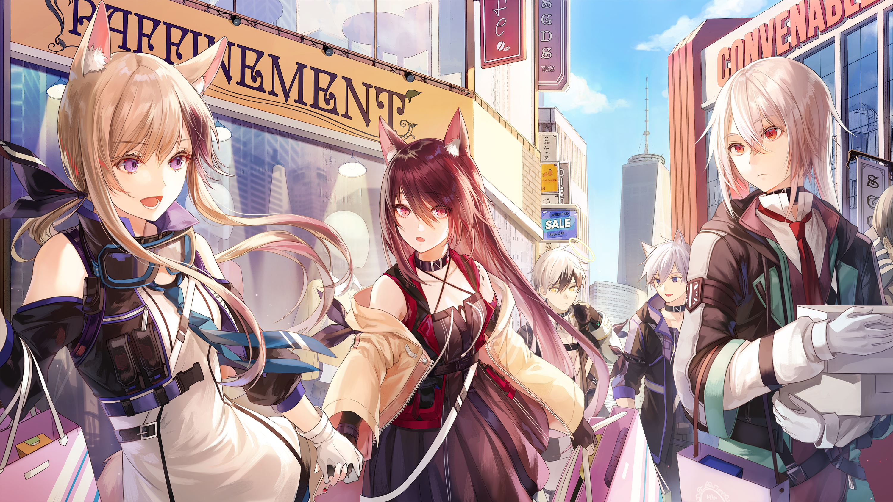 Anime characters with animal ears shopping in a city HD Wallpaper
