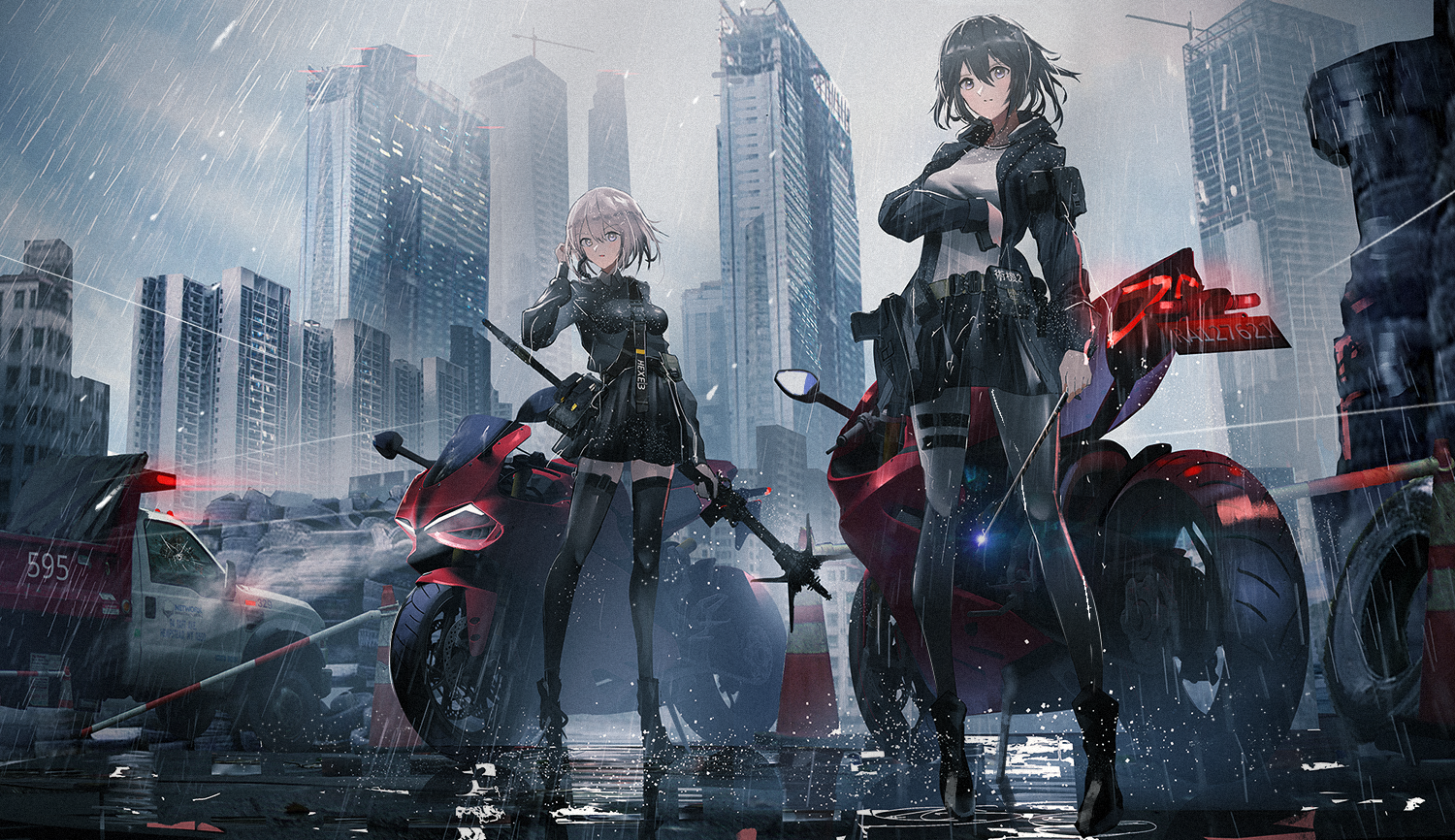 Two anime girls with motorcycles in a rainy city HD Wallpaper