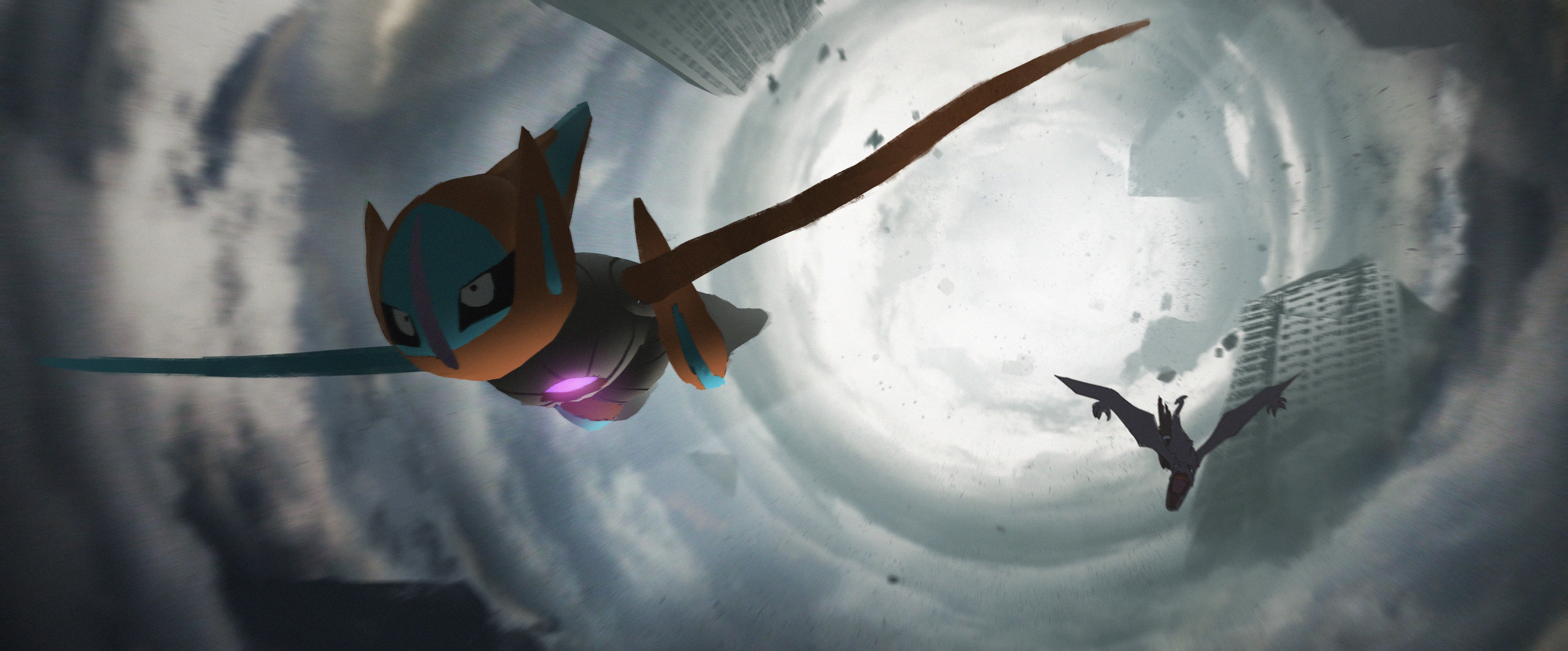 Deoxys from Pokémon flying in a storm HD Wallpaper