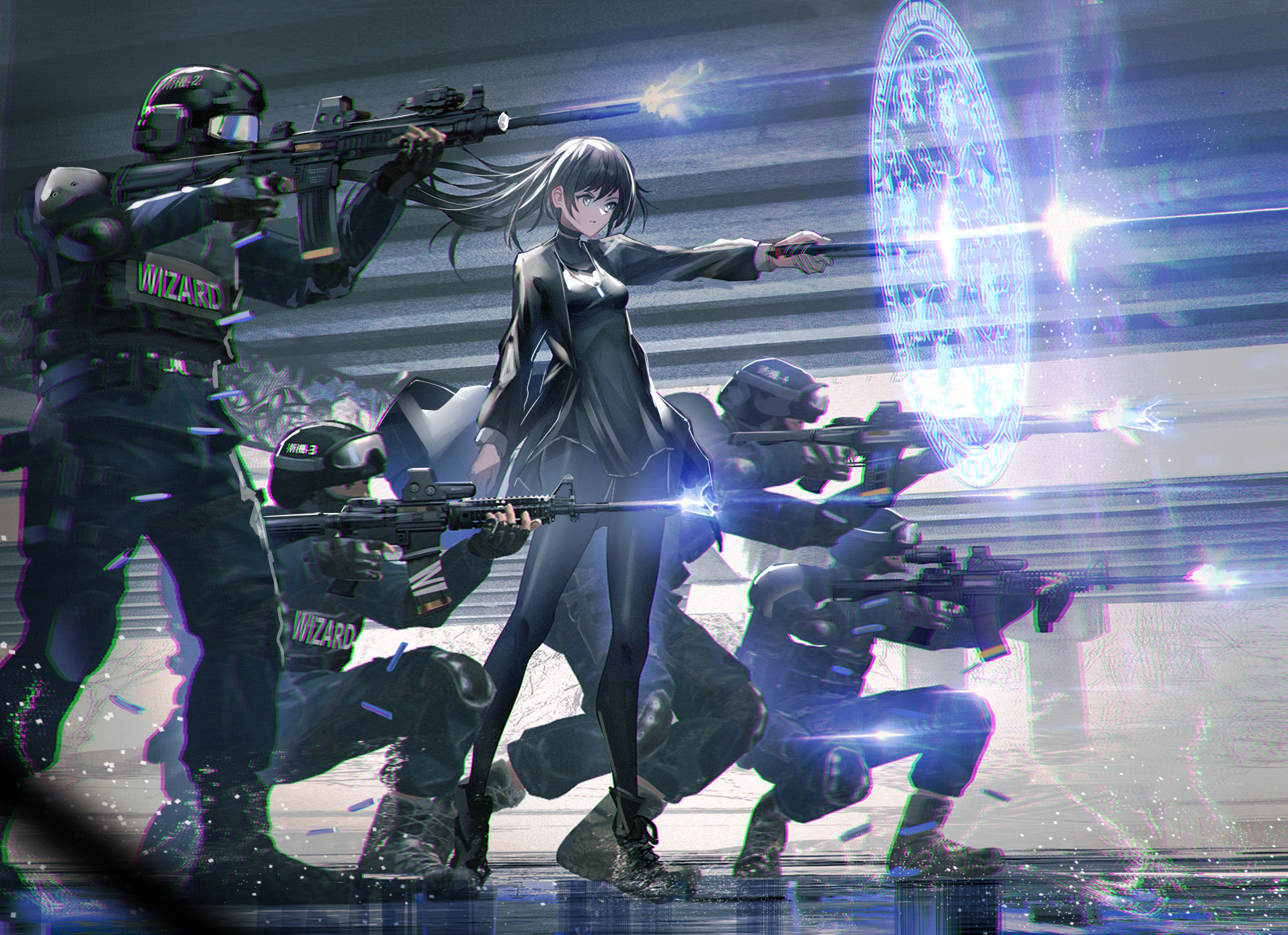 Anime girl with magic shield and soldiers with guns HD Wallpaper