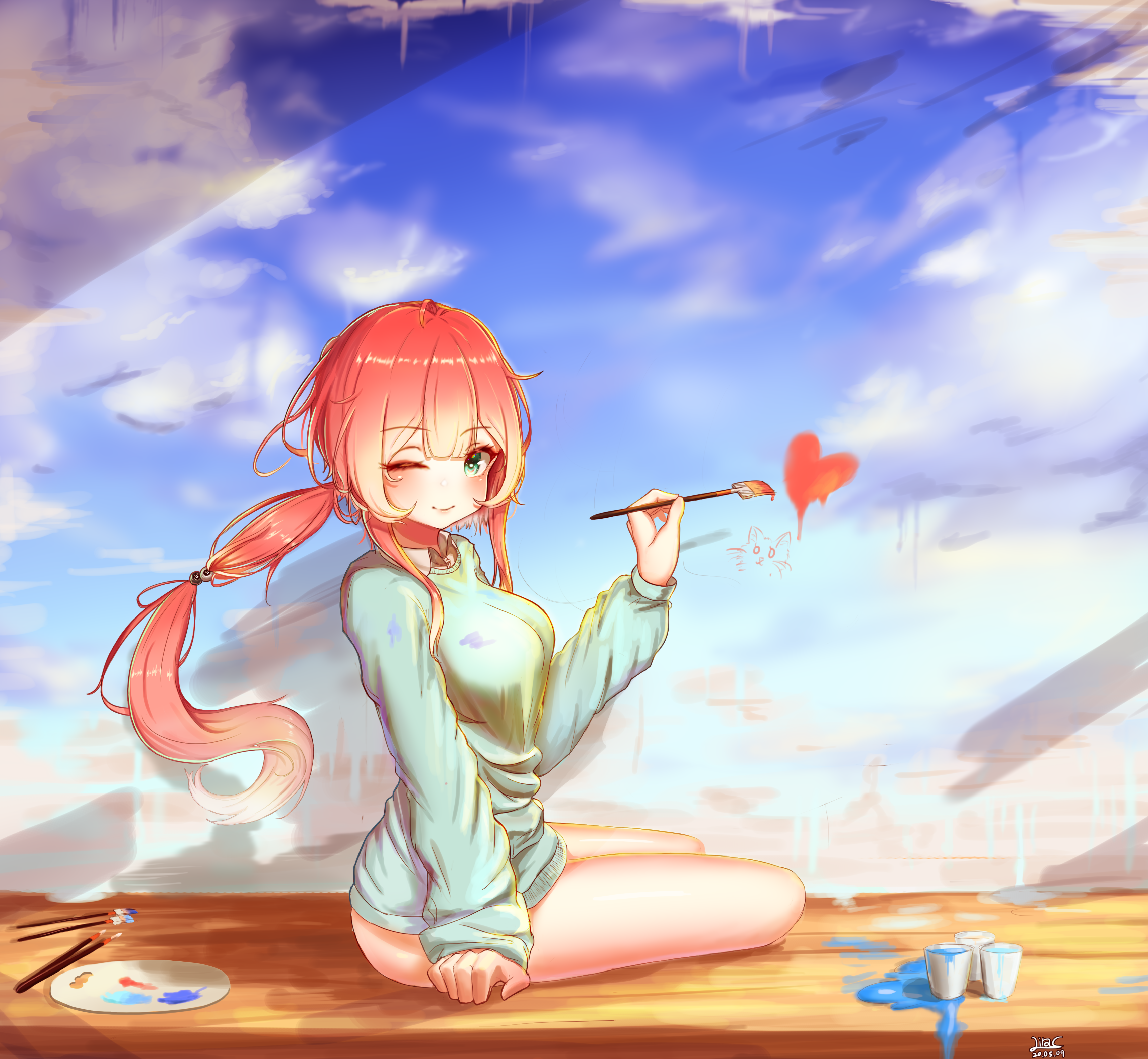Anime girl with red pigtails painting a heart HD Wallpaper
