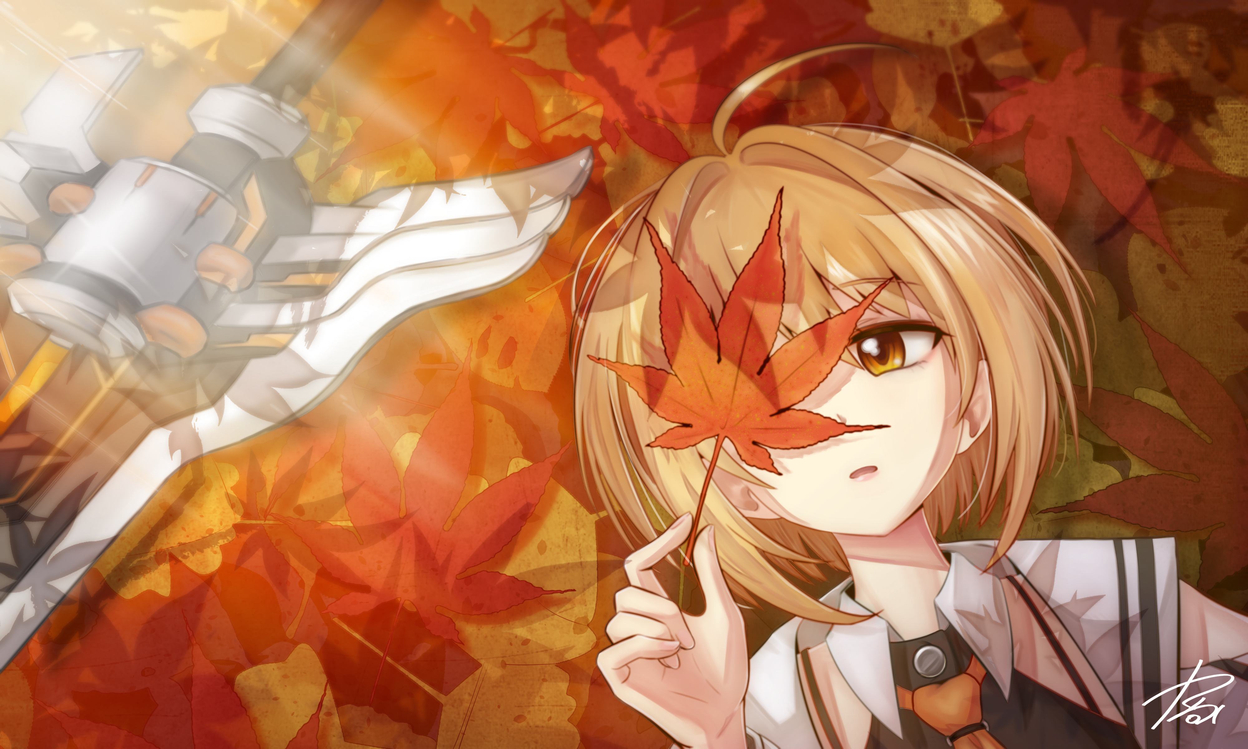 Soulworker girl with maple leaf and sword HD Wallpaper