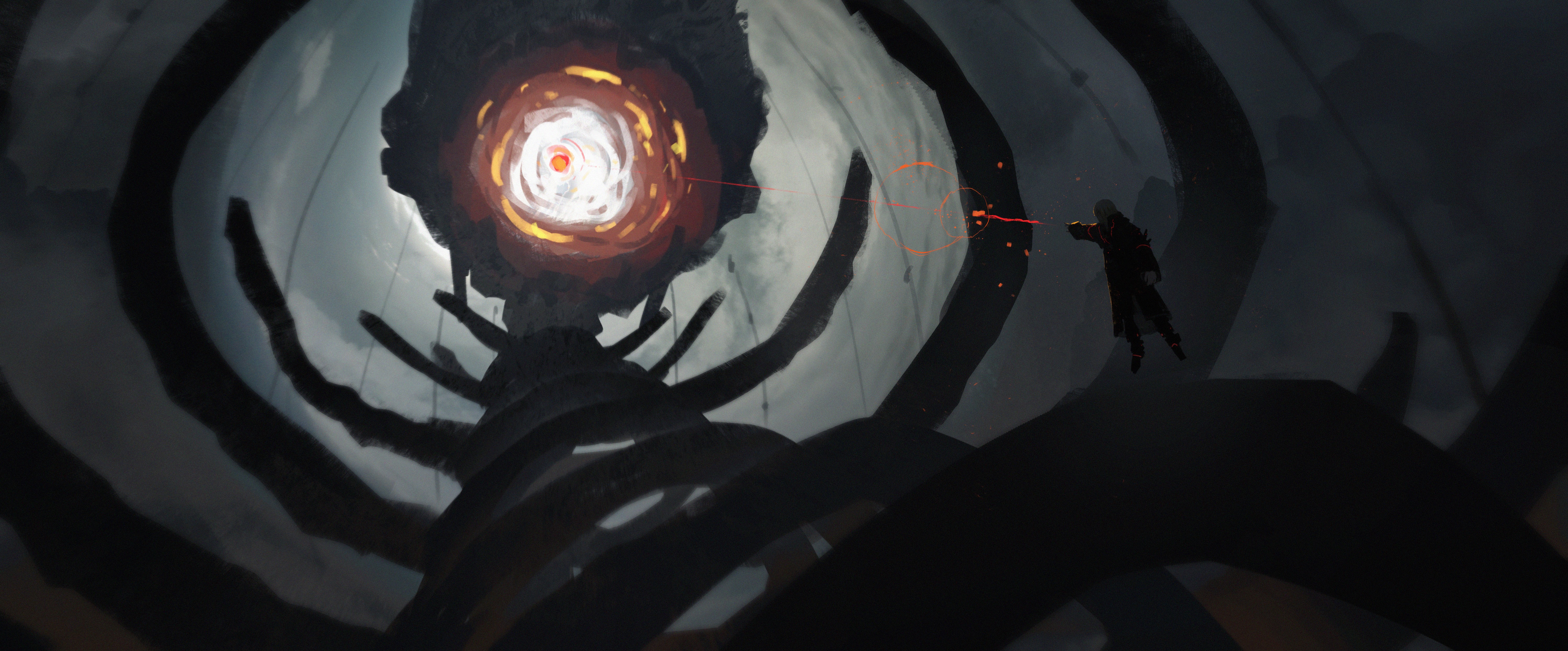 Artwork of a figure fighting a giant creature HD Wallpaper