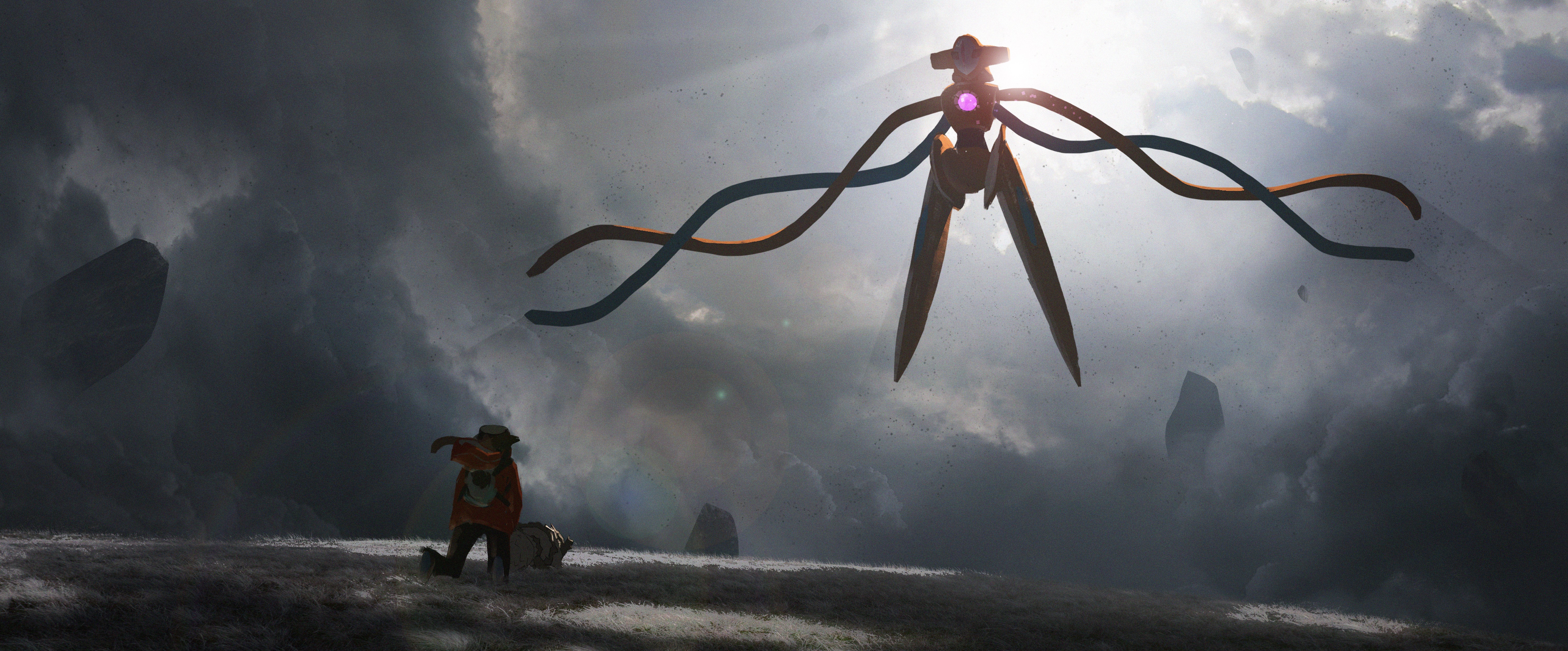 Deoxys from Pokémon and a person in a field HD Wallpaper