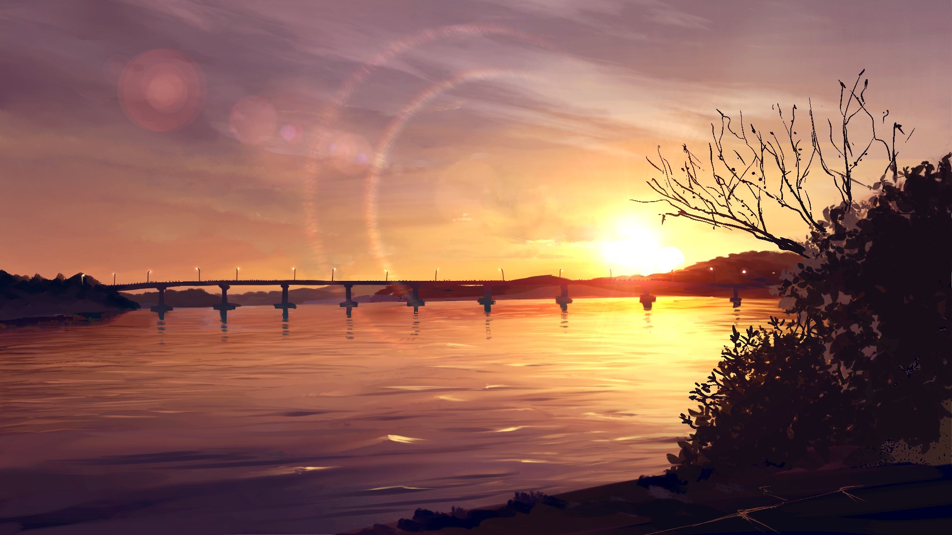 Anime landscape of a river at sunset with a bridge HD Wallpaper