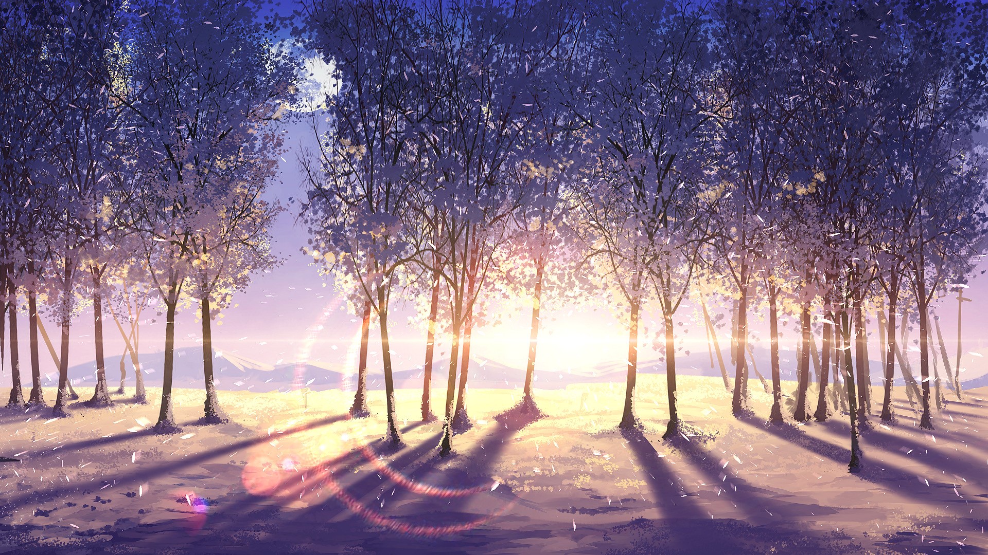 Digital painting of trees at sunrise in winter HD Wallpaper