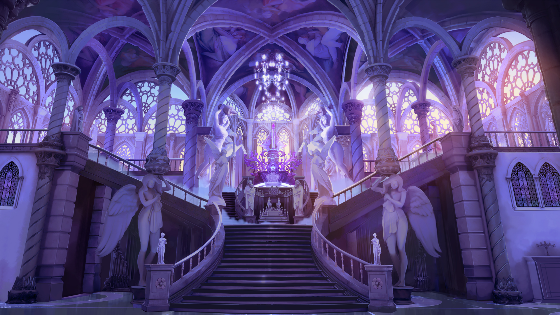 Fantasy temple interior with grand staircase and statues HD Wallpaper