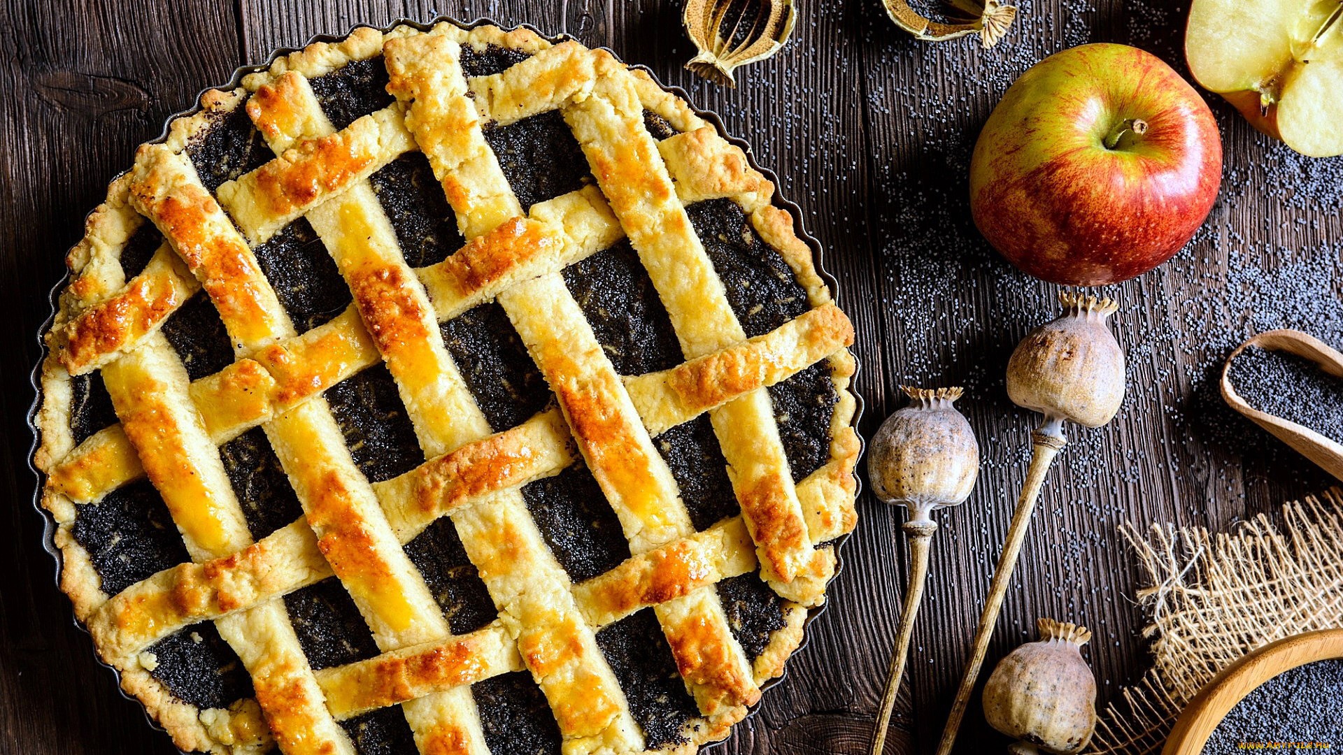 Poppy seed pie with lattice crust and apples HD Wallpaper