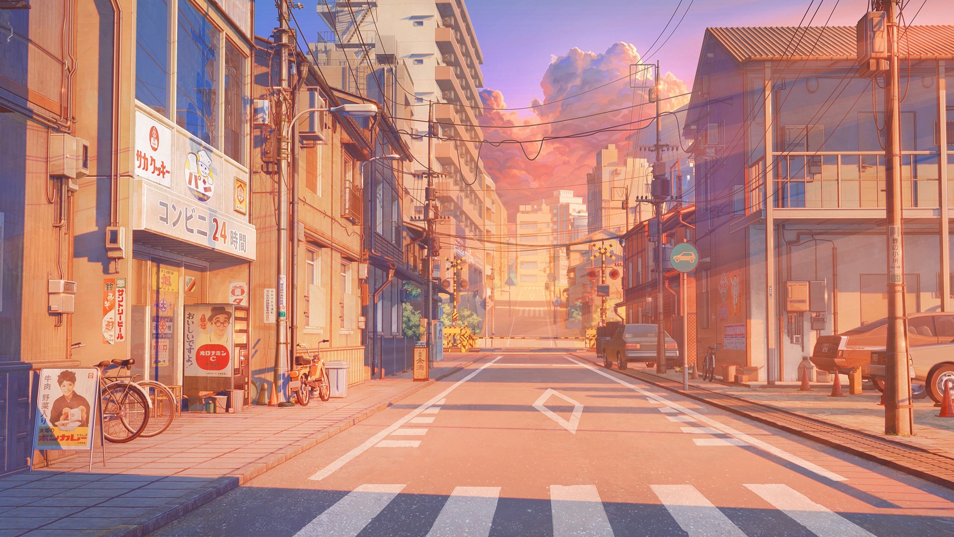 Anime street scene with buildings and cars at sunset HD Wallpaper