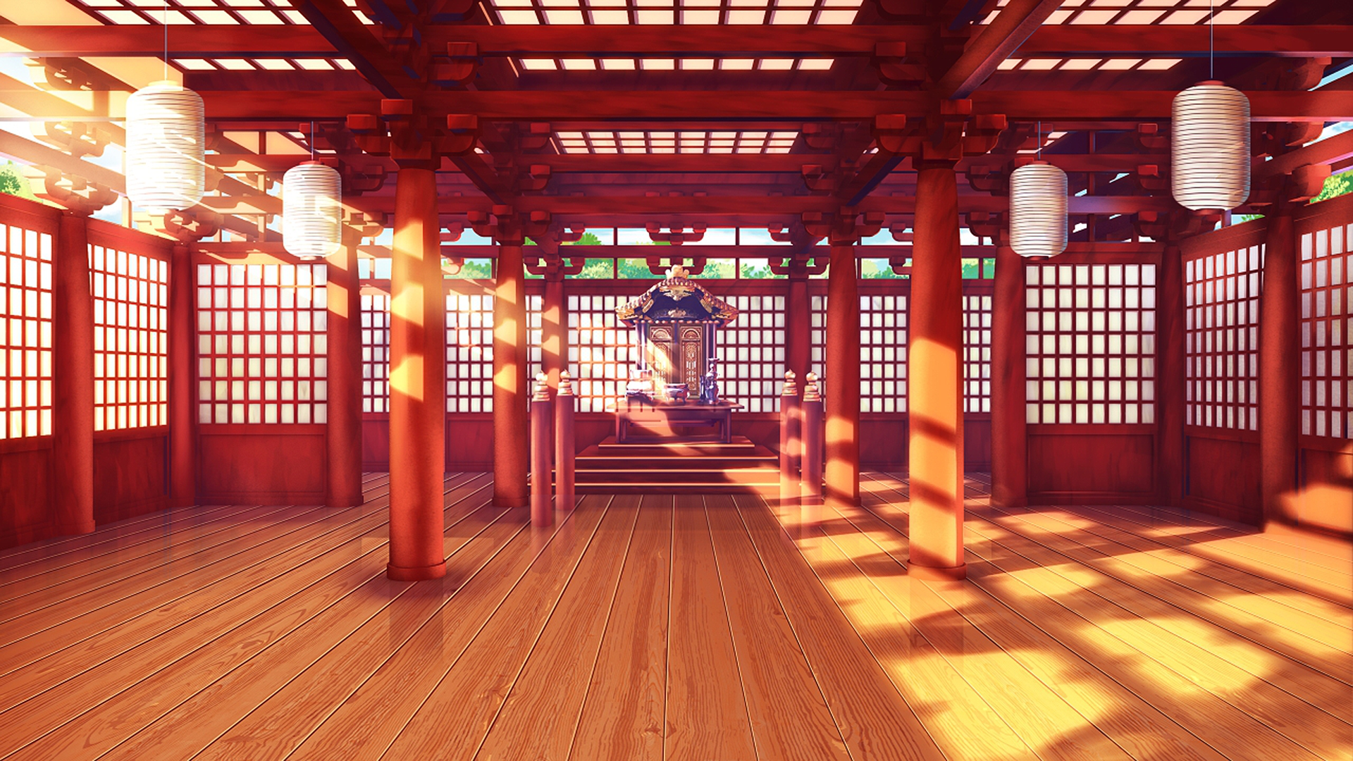 Japanese Temple Interior with Sunlight and Lanterns HD Wallpaper