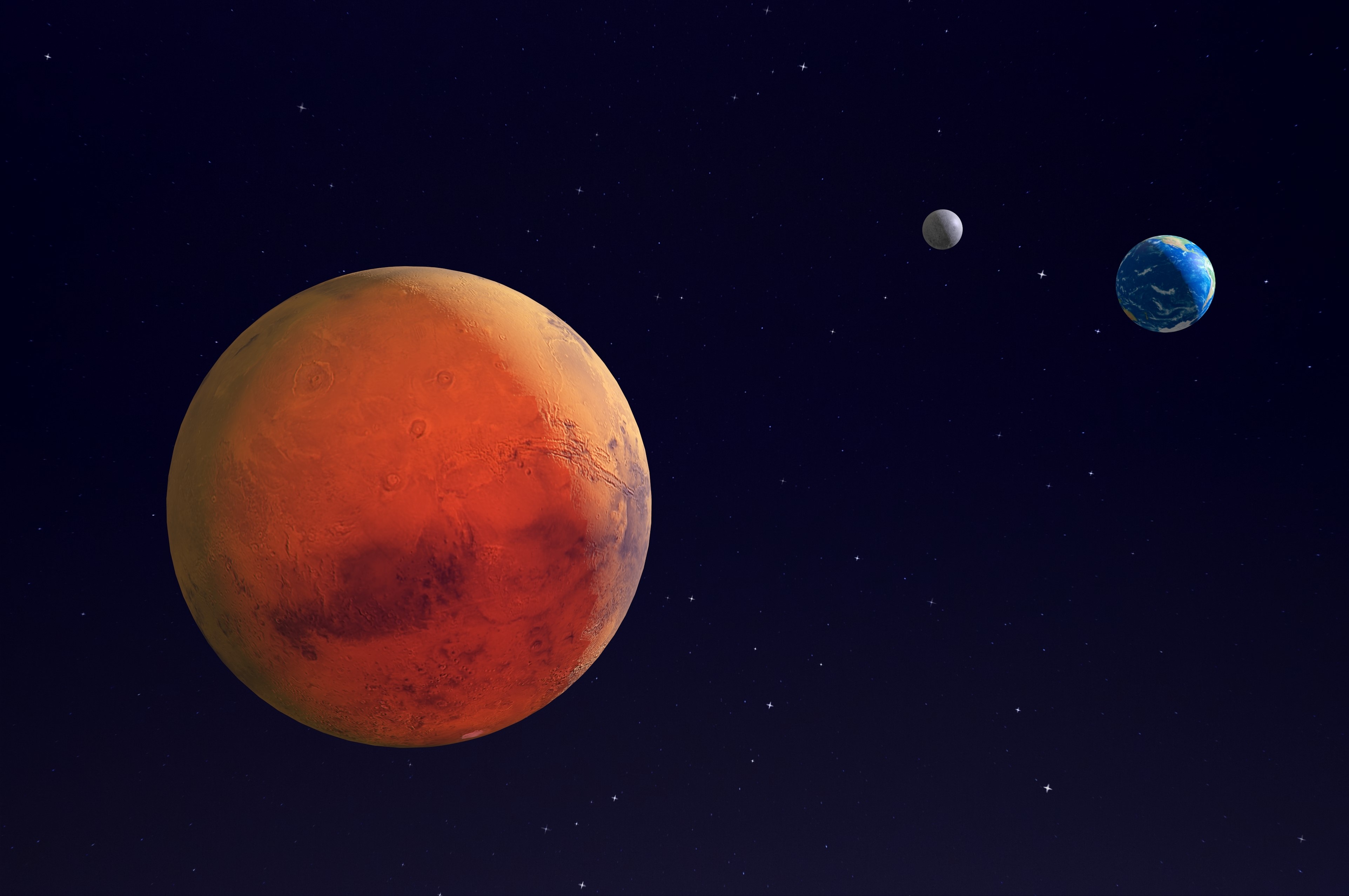 Mars, Earth, and Moon in space with stars HD Wallpaper