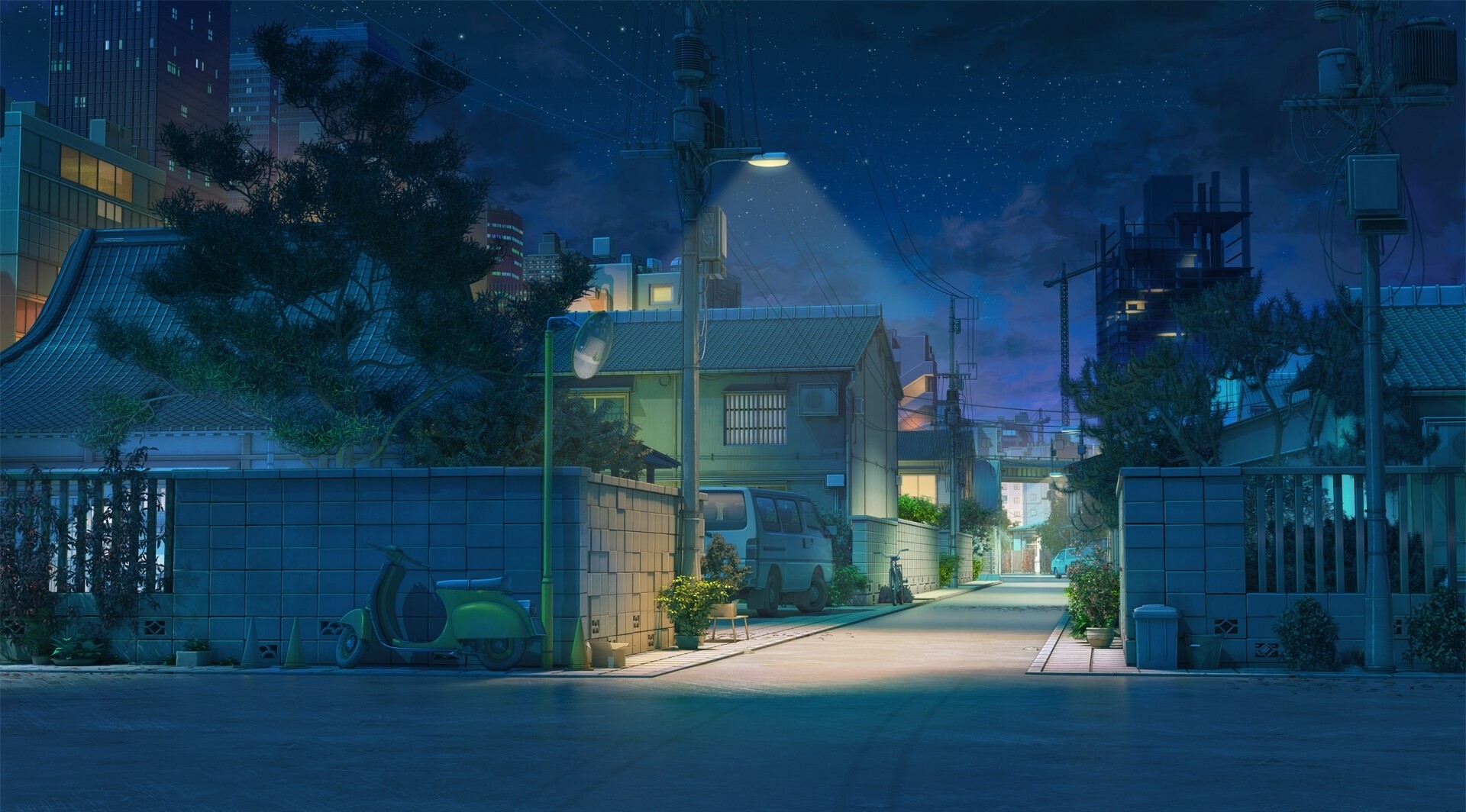 Night street in Japan with houses and street lights HD Wallpaper