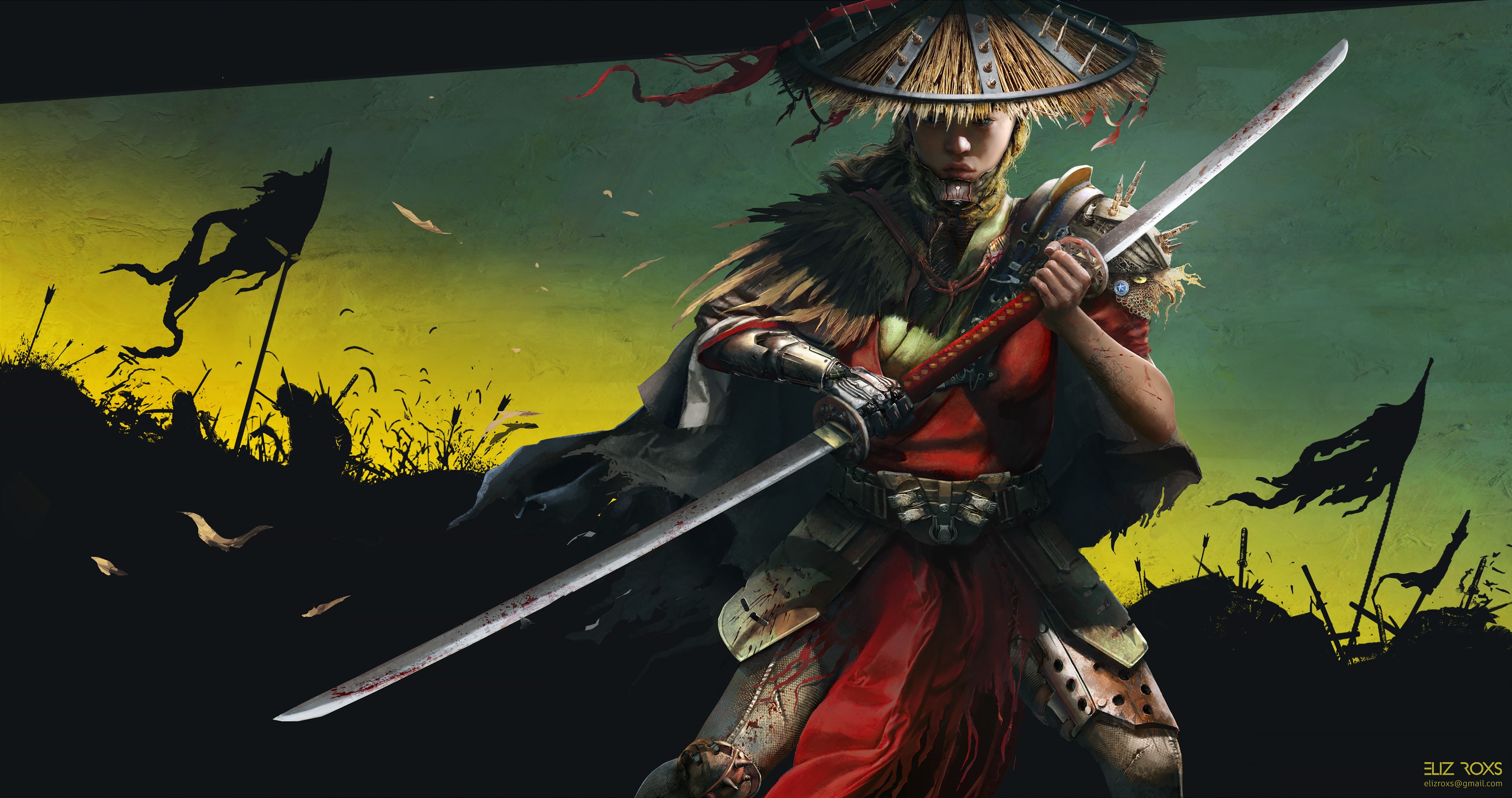 Fantasy warrior with sword and straw hat HD Wallpaper