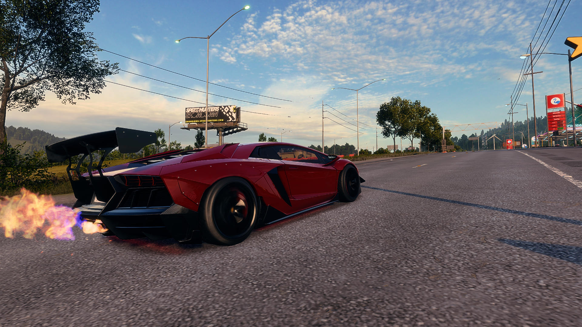 Red Lamborghini Aventador with flames on road HD Wallpaper