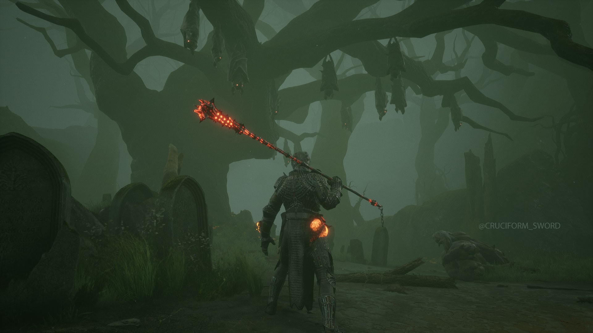 Mortal Shell character with glowing mace in foggy graveyard HD Wallpaper