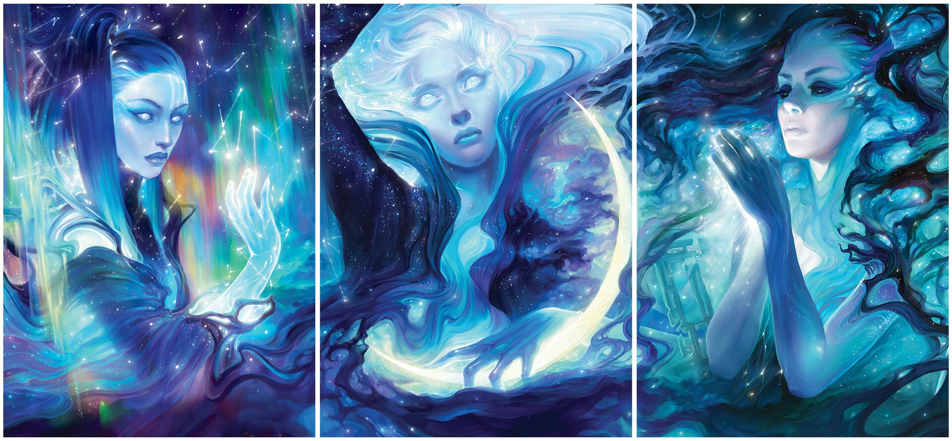 Fantasy art of women with blue hair and magic HD Wallpaper