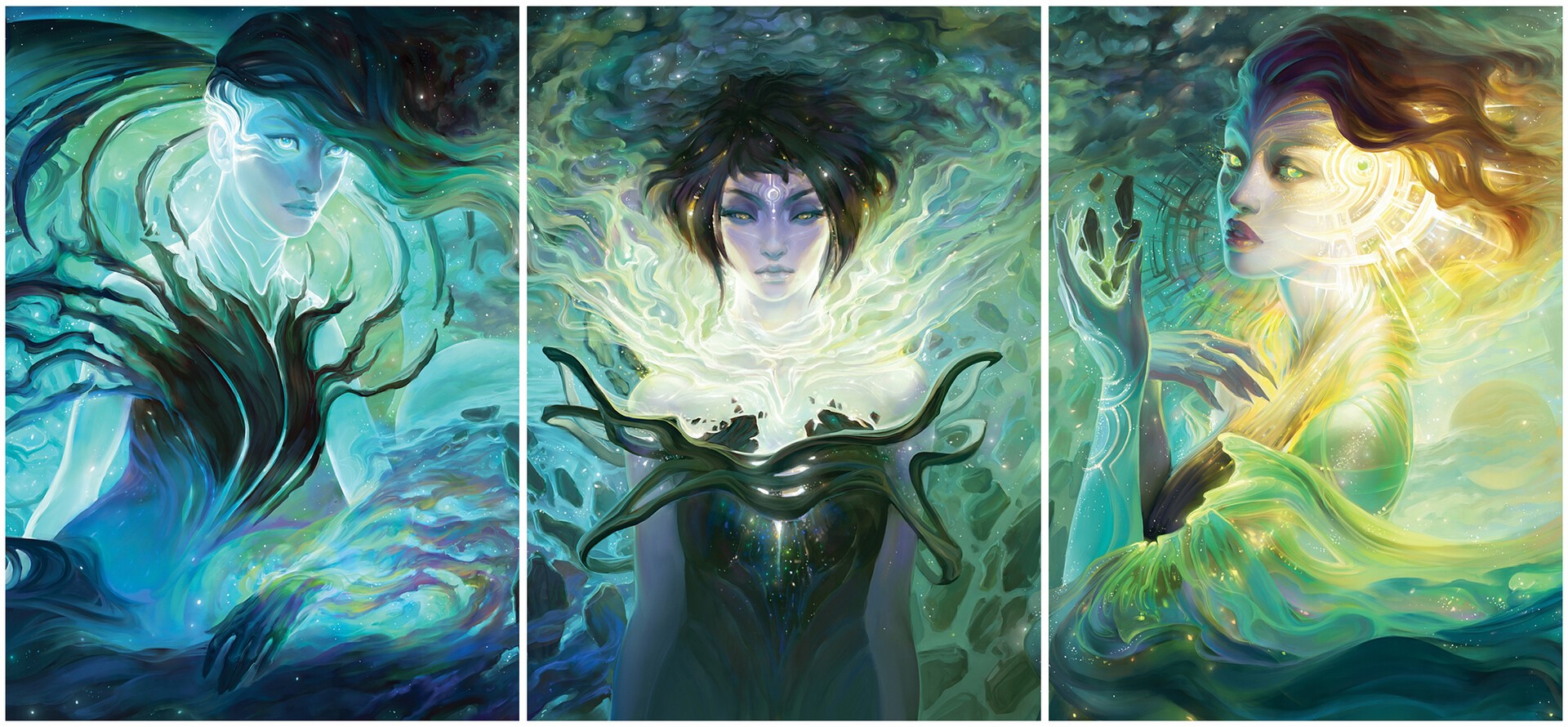 Three women with ethereal glow in fantasy art HD Wallpaper